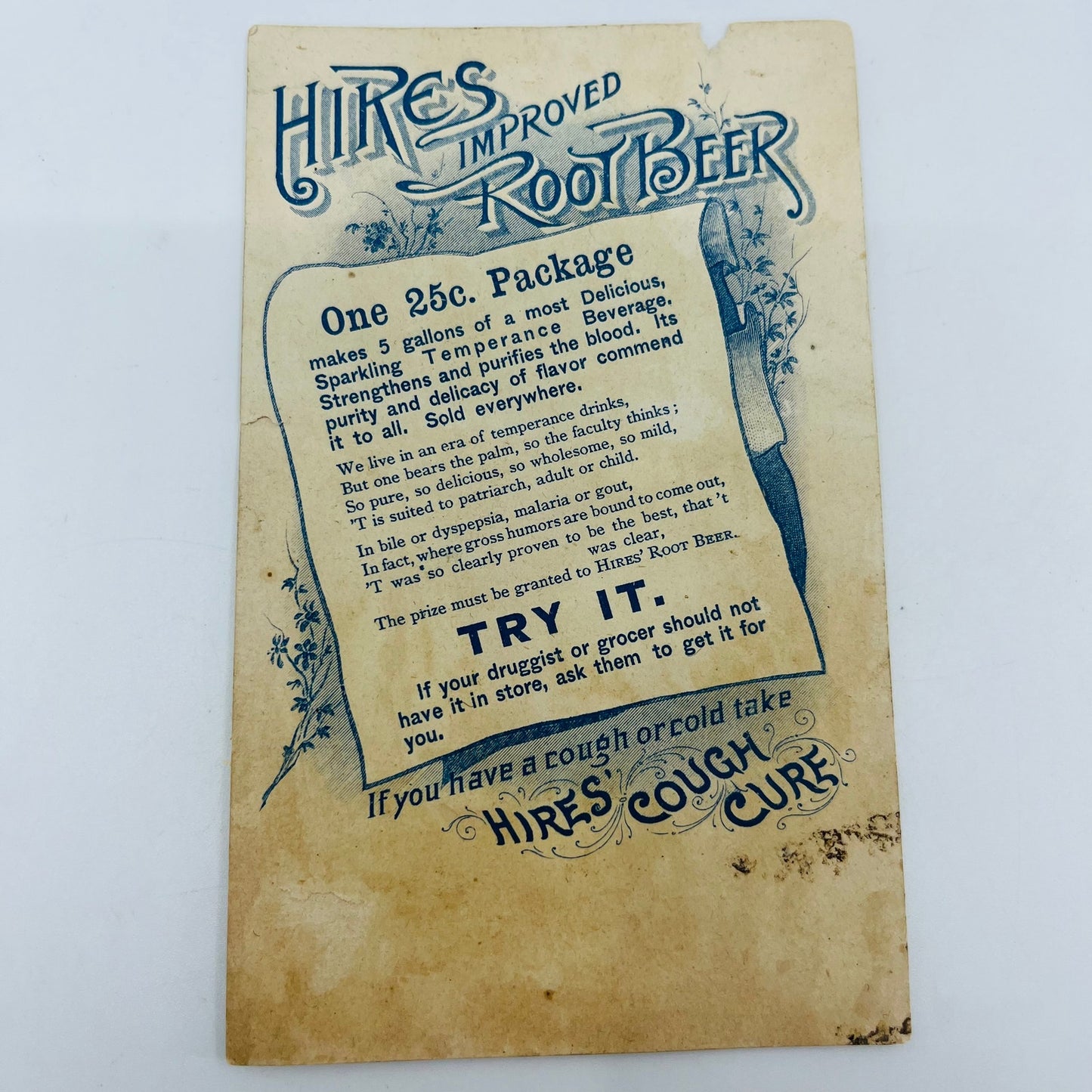 1880s Trade Card Hire’s Root Beer Quack Medicine Temperance Cough Drink SAH9-H7