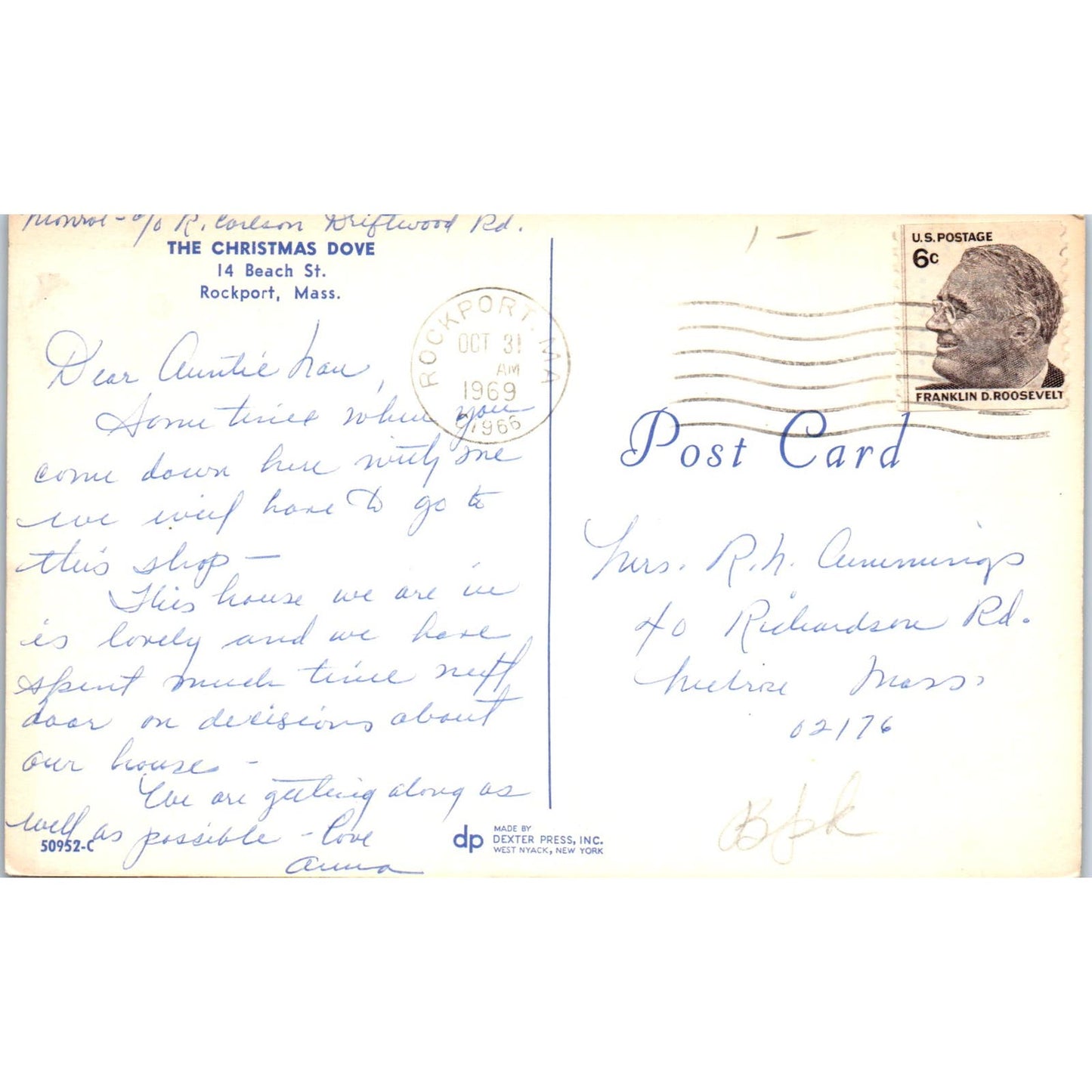 Christmas Tree and Dolls - The Christmas Dove Rockport MA Original Postcard PB7