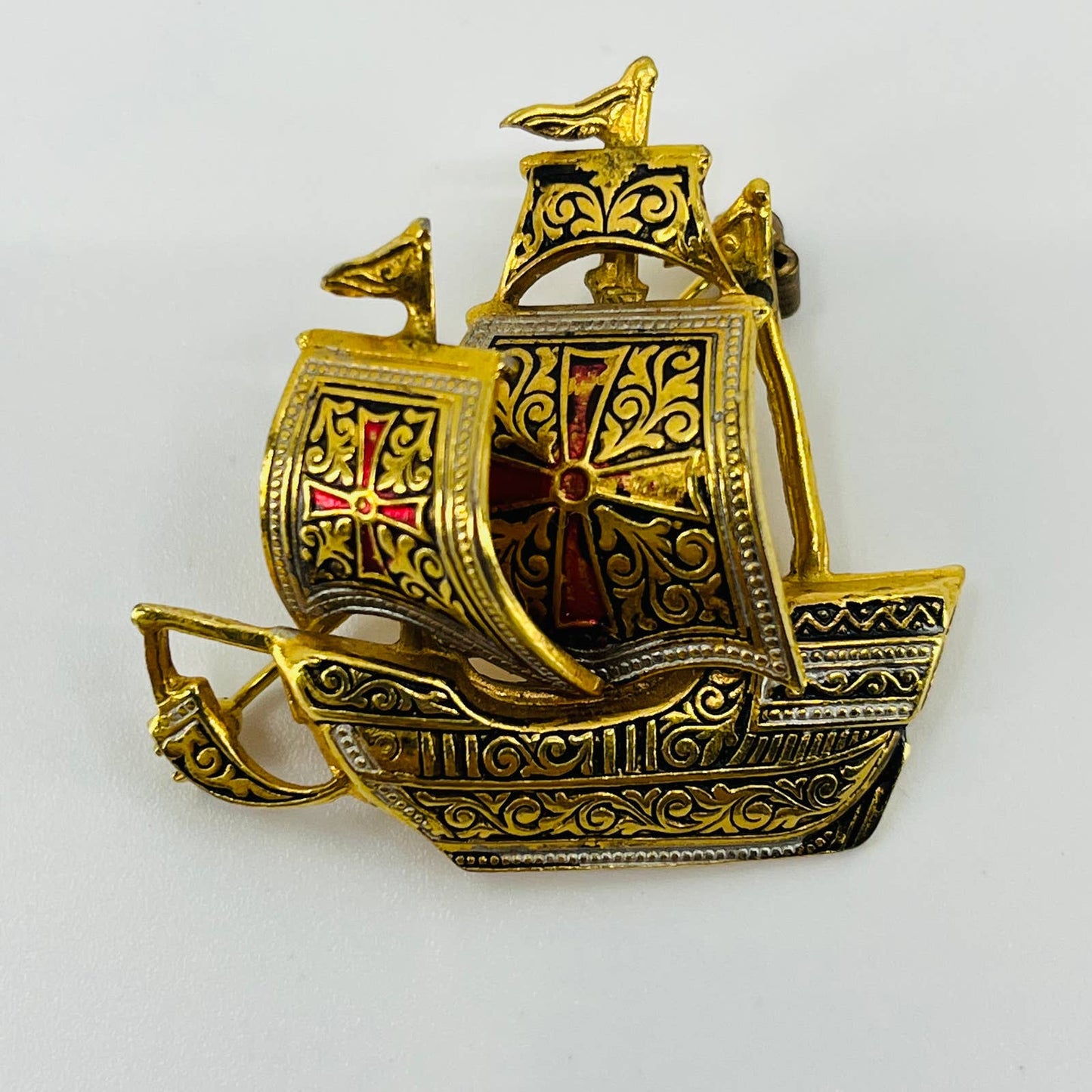 VTG Damascene Spain Boat Ship Galleon Pin Brooch Nautical Gold Tone Enamel SB2