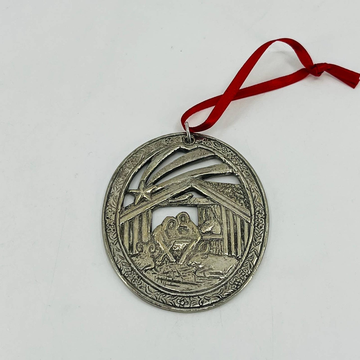 Vintage Nativity Manger Scene Christmas Ornament Norway Pewter Tooled 2” SB5