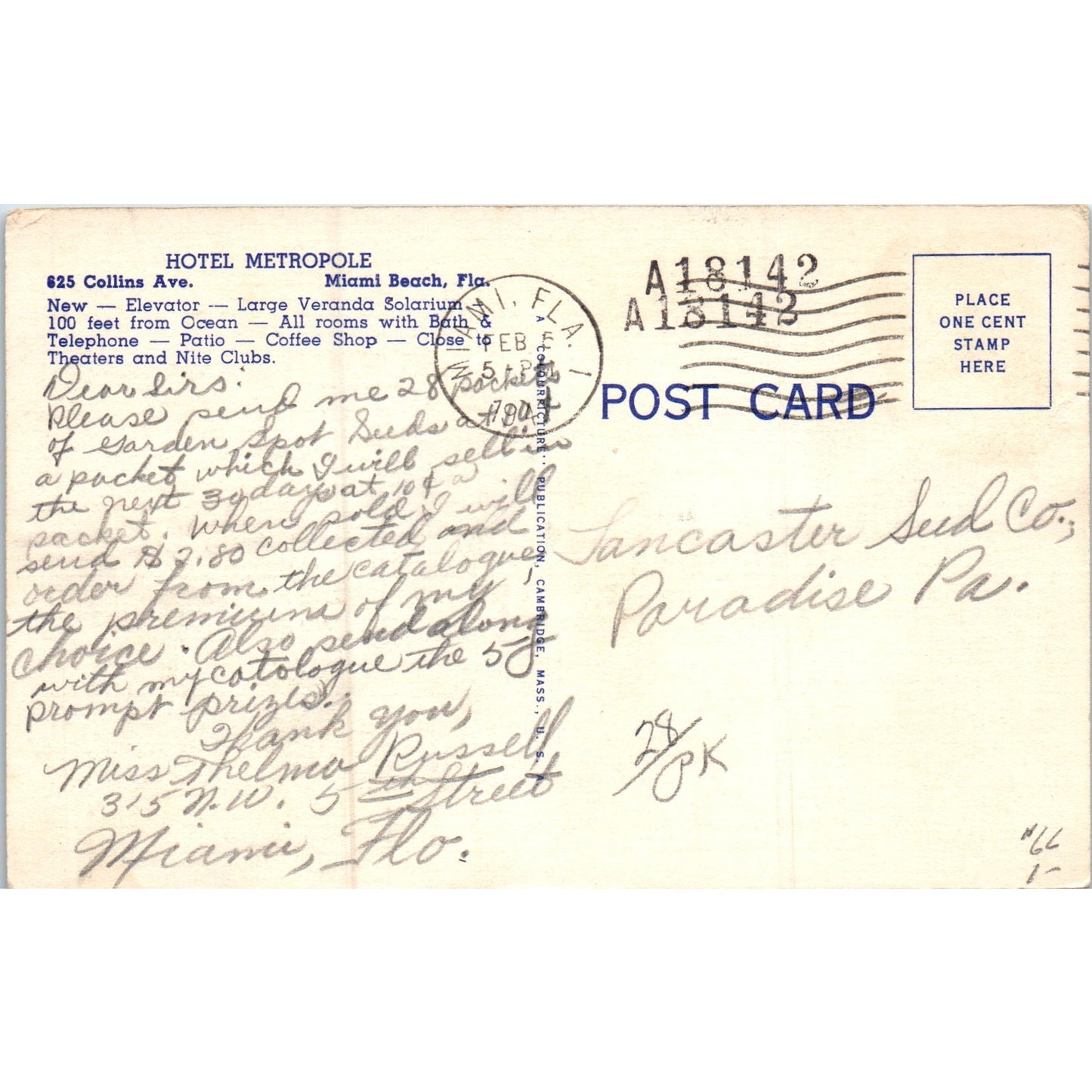 Hotel Metropole Miami Beach 1945 Florida Original Postcard P2-4