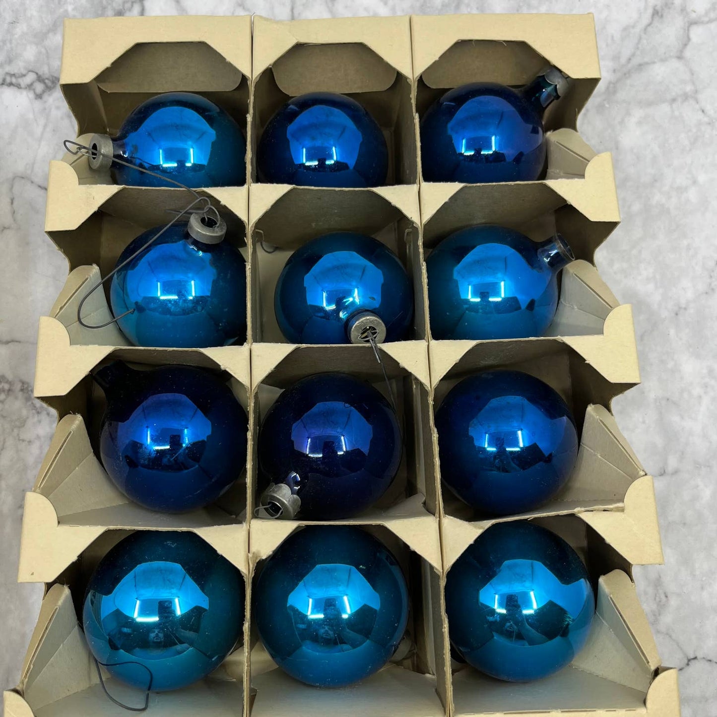 Shiny Brite 12 Vintage Mercury Glass Ornaments With Original Box Dark Blue
