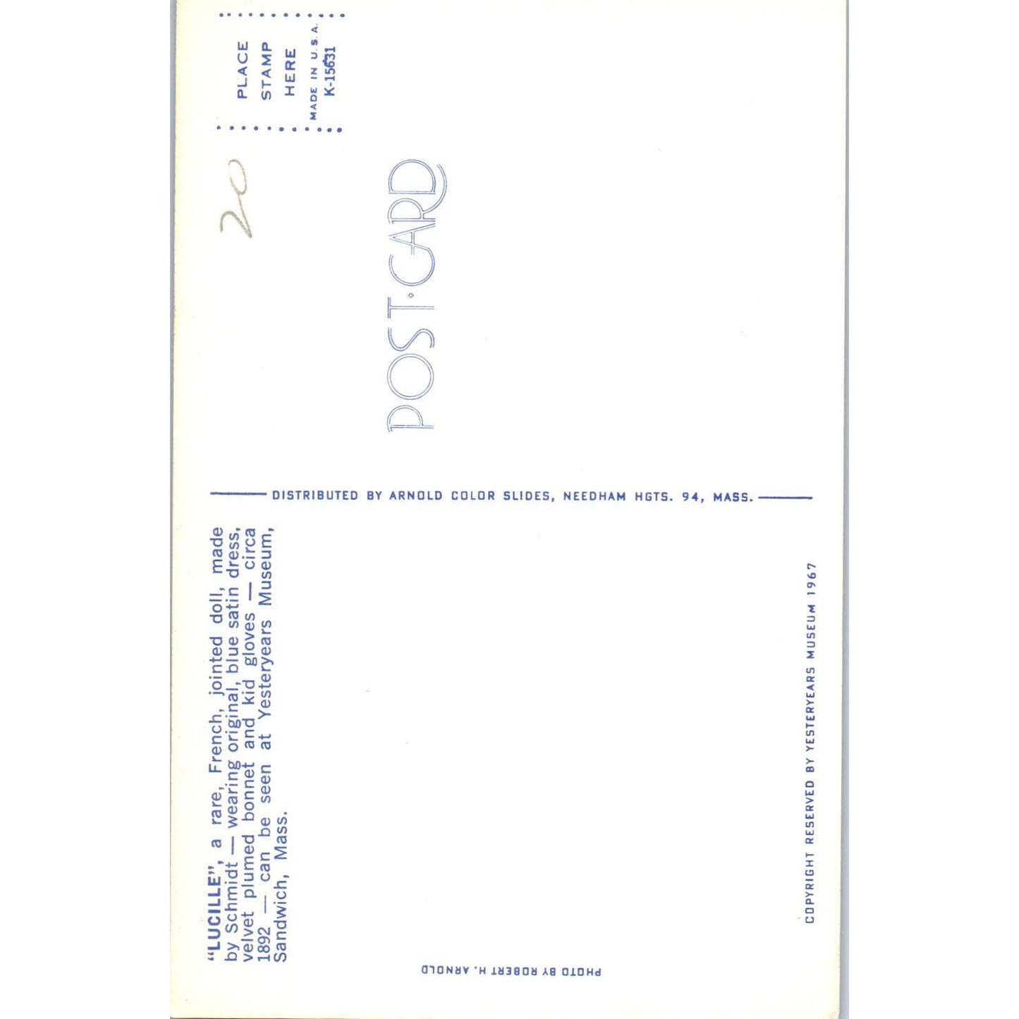 Lucille French Jointed Doll Yesteryears Museum Sandwich MA Original Postcard PB9