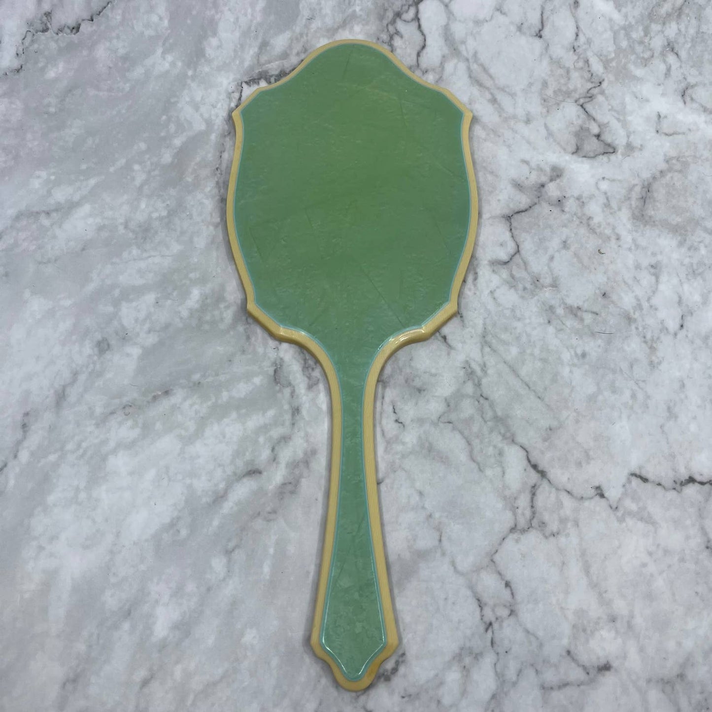 Vintage Jade Green Bakelite Celluloid Pereline 13" Vanity Hand Mirror TE4