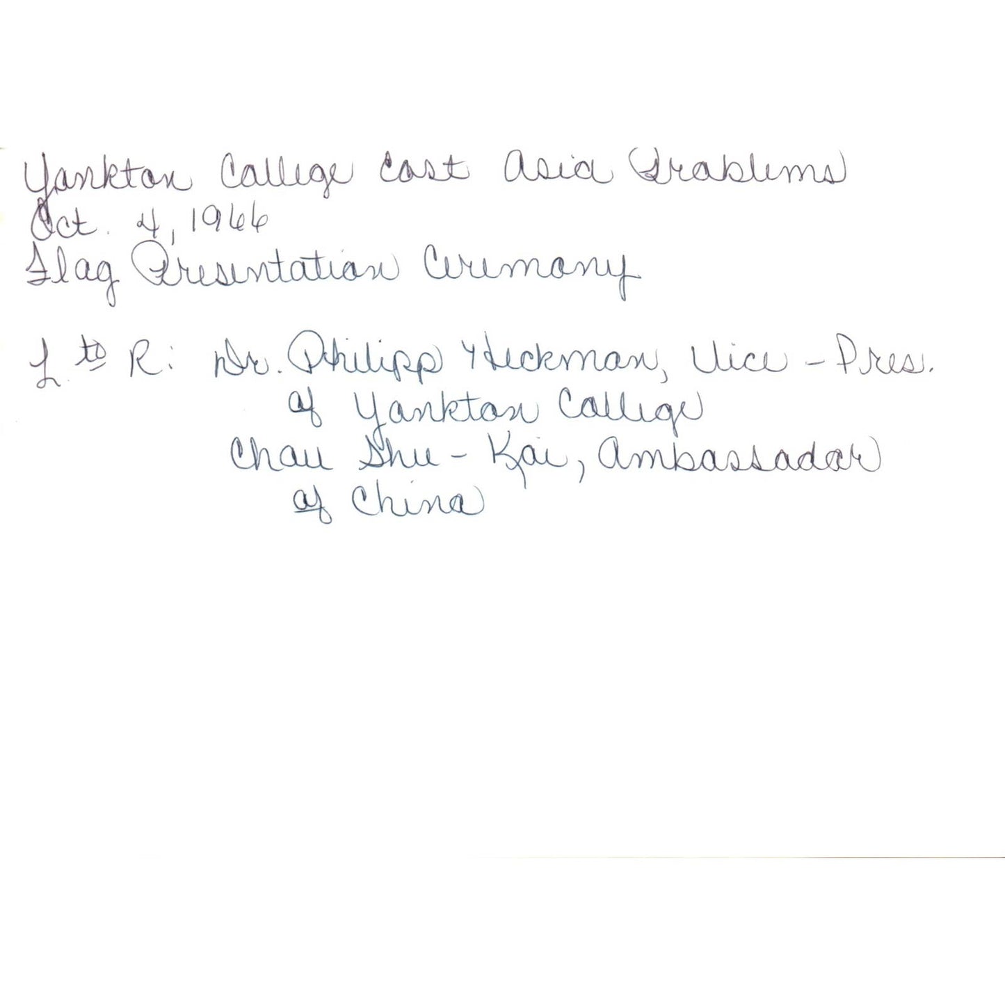 Shu-Kai Chow Chinese Ambassador Yankton College Flag Ceremony 1966 Photo TK1-P5