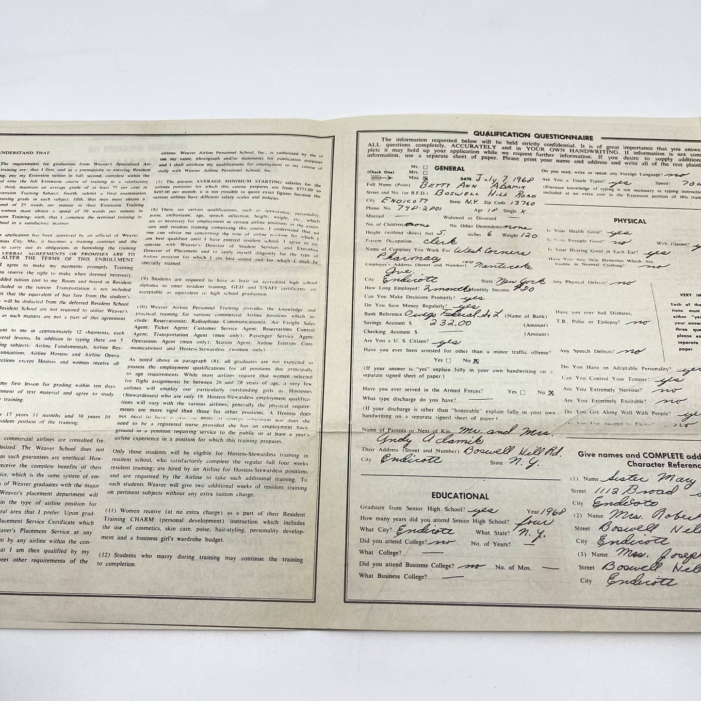 1968 Weaver Airline Personnel School Flight Attendant School Application D4