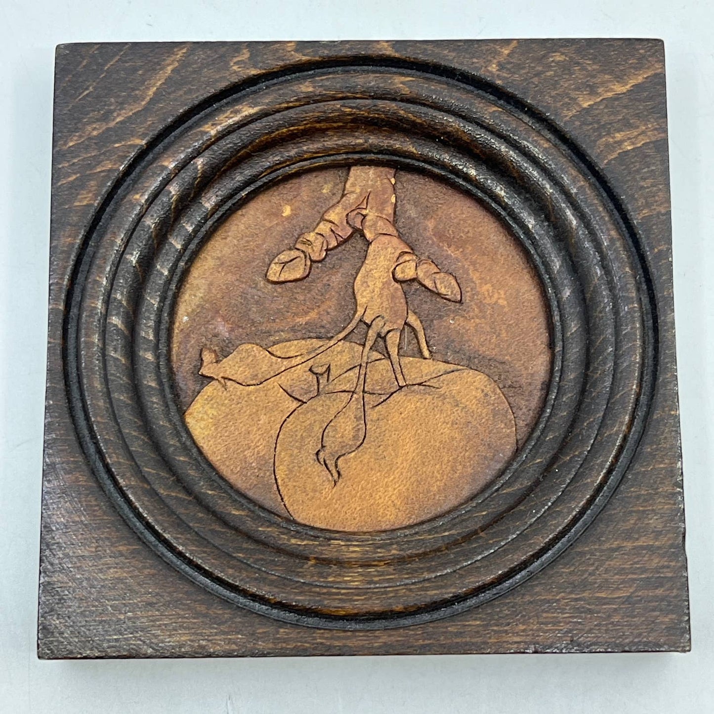 Vintage Original Folk Art Tiger Oak Wood and Leather Tile Apples on Tree 4" TC1