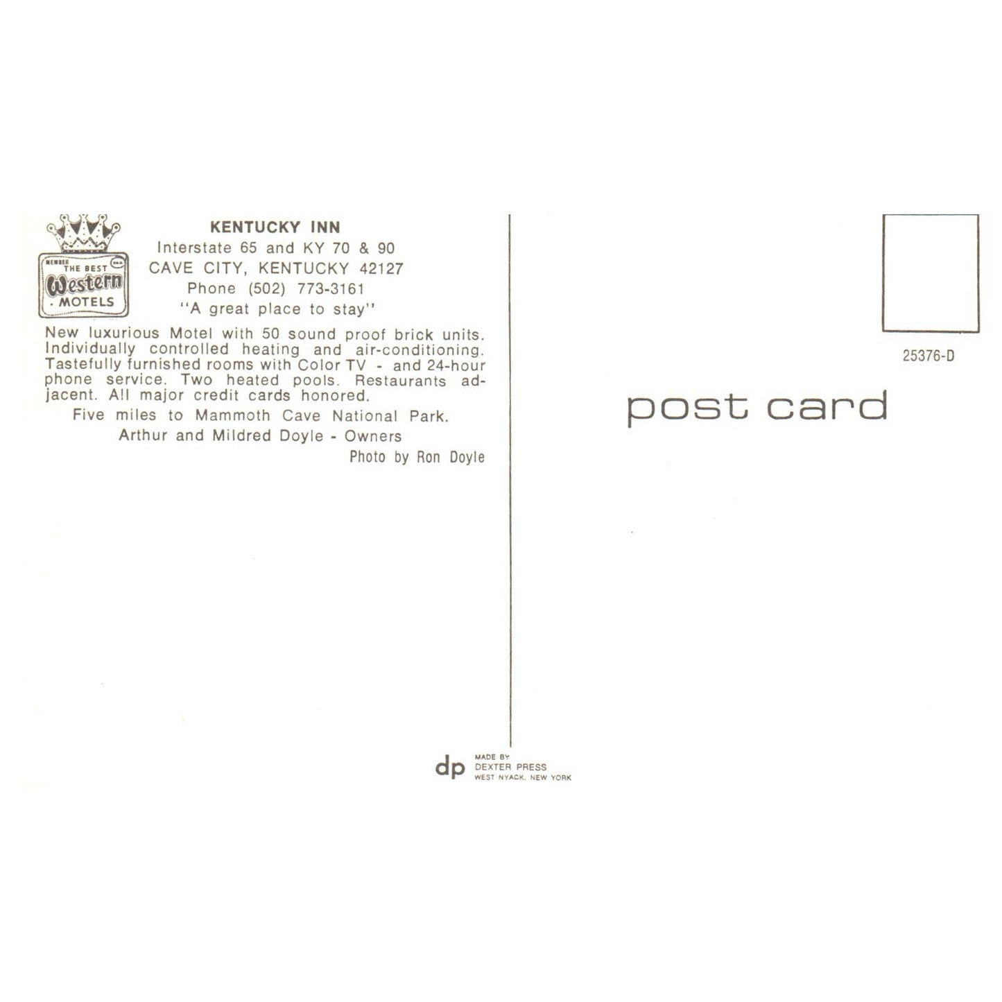 Vintage Postcard - Kentucky Inn Cave City Kentucky Arthur & Mildred Doyle AD9