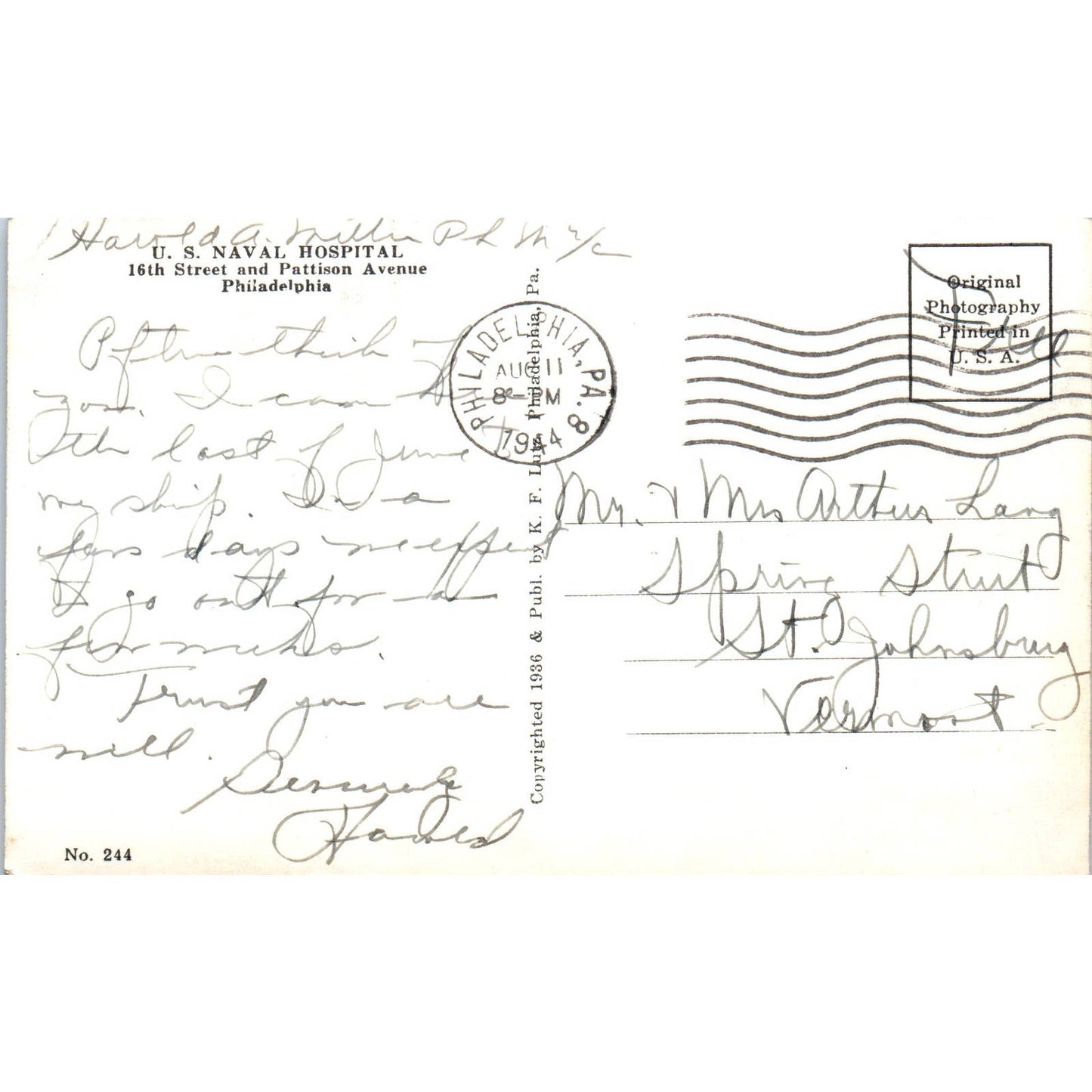 Vintage Postcard WWII US Naval Hospital Philadelphia PA TI1-1