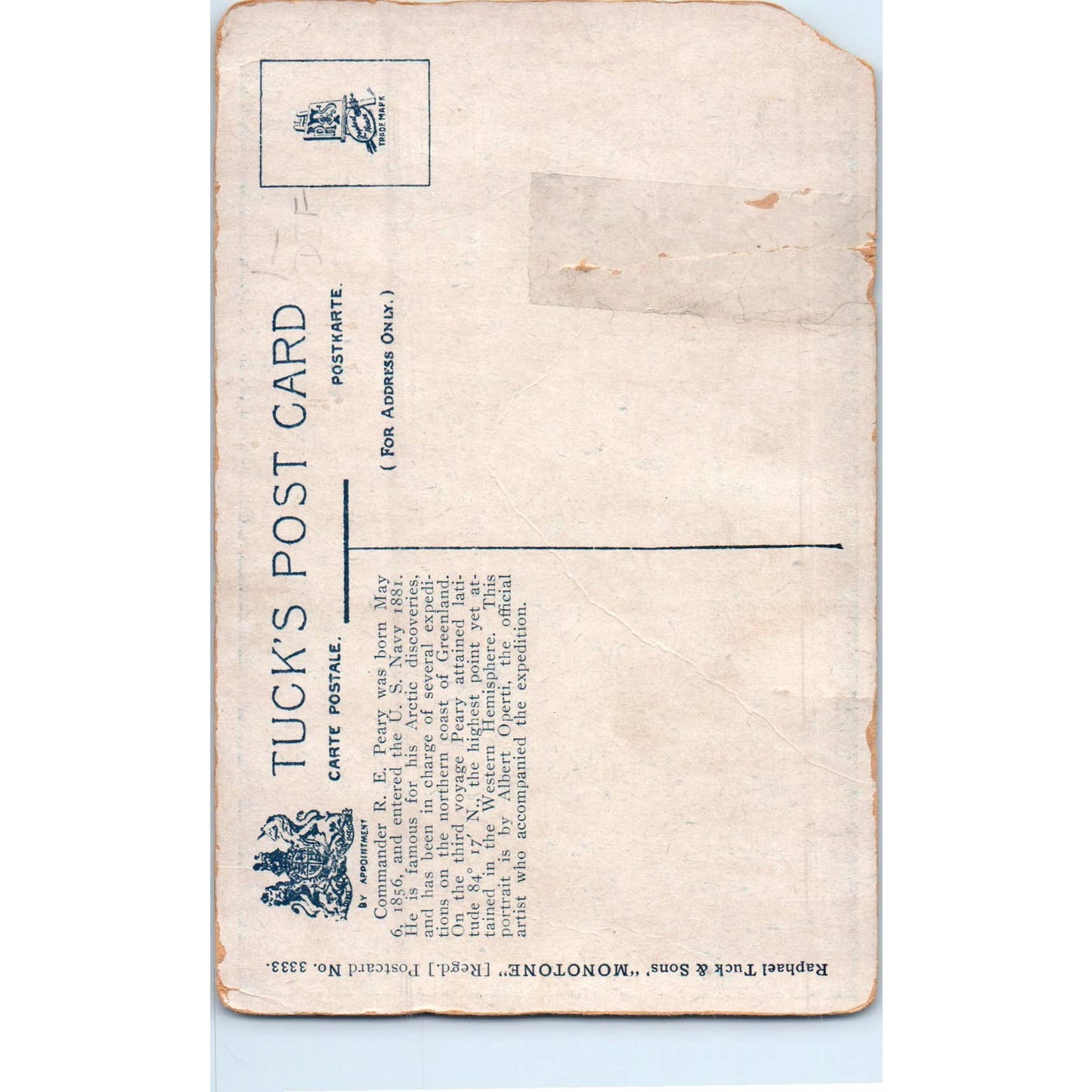 Commander R.E. Perry United States Navy Raphael Tuck Original Postcard TK1-P14