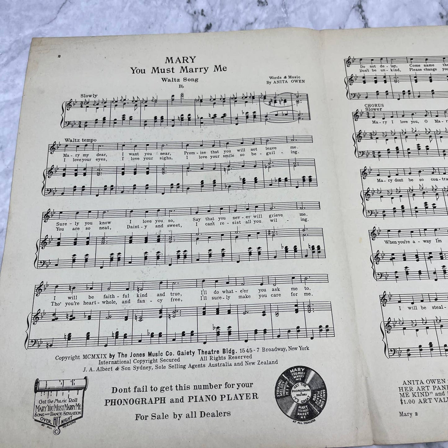 MARY You must marry me - Vintage Sheet Music - by ANITA OWEN 1919 TI1