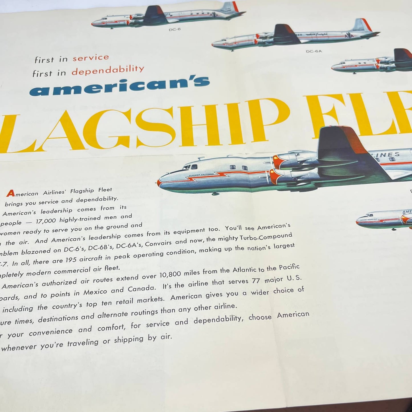 1953 American Airlines DC-7 Turbo Compound Fold Put Brochure Poster & Letter TF9