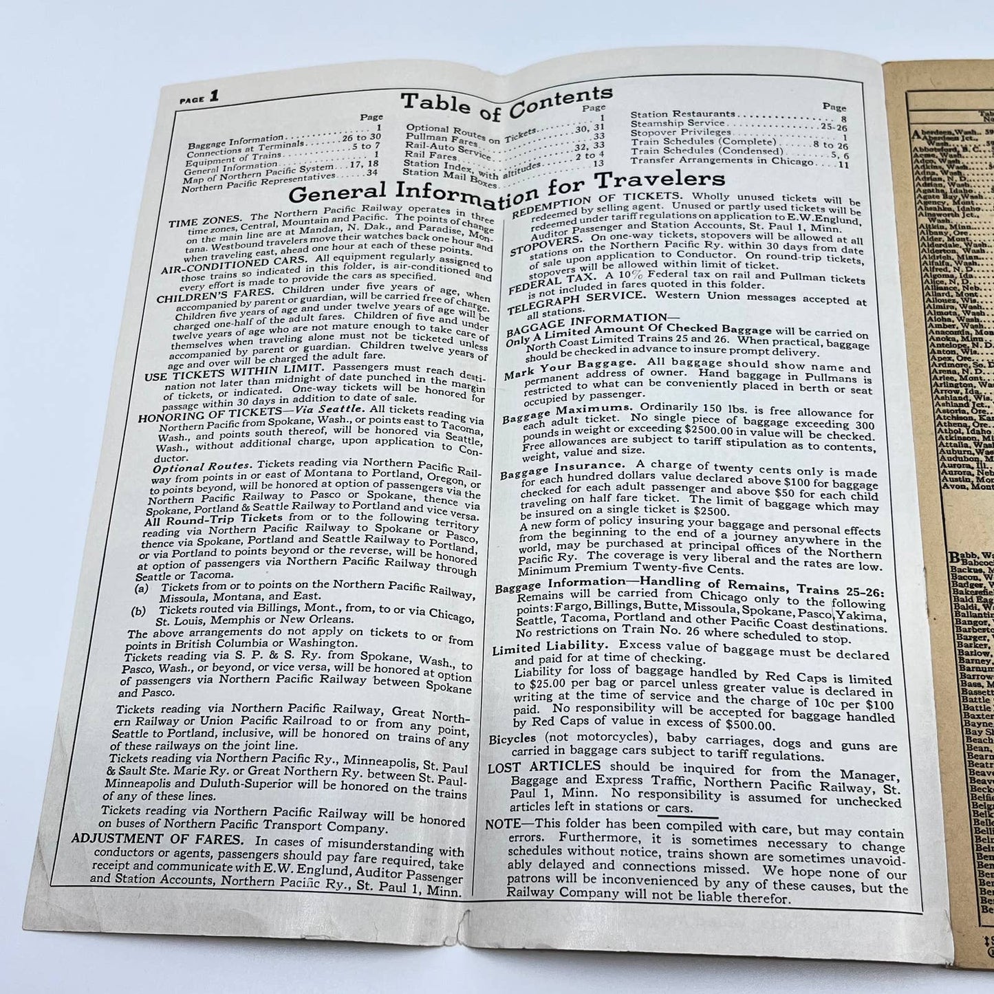 1956 Northern Pacific Railway VistaDome North Coast Passenger Train Schedule TF7