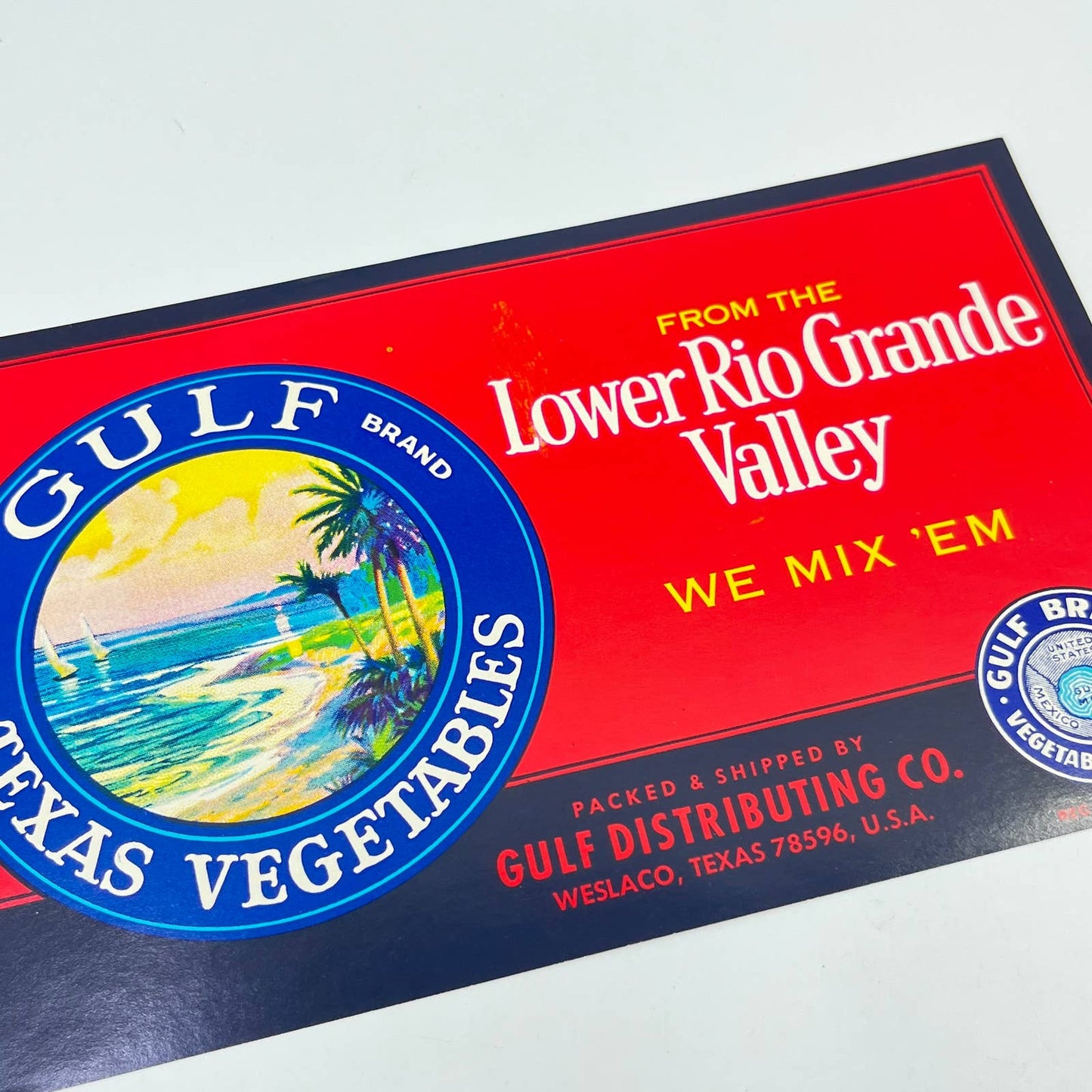 Original GULF Texas Lower Rio Grande Valley Vegetable Label 5x8” Weslaco FL3