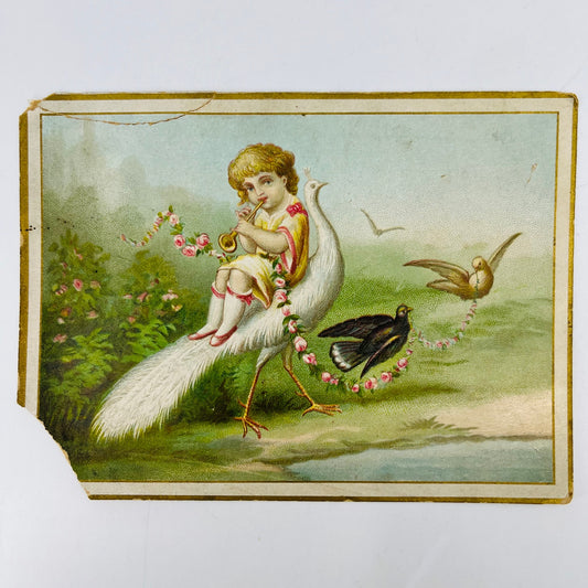 1880s Victorian Greeting Card Young Man Riding a Pheasant Playing Horn SAH9-H7
