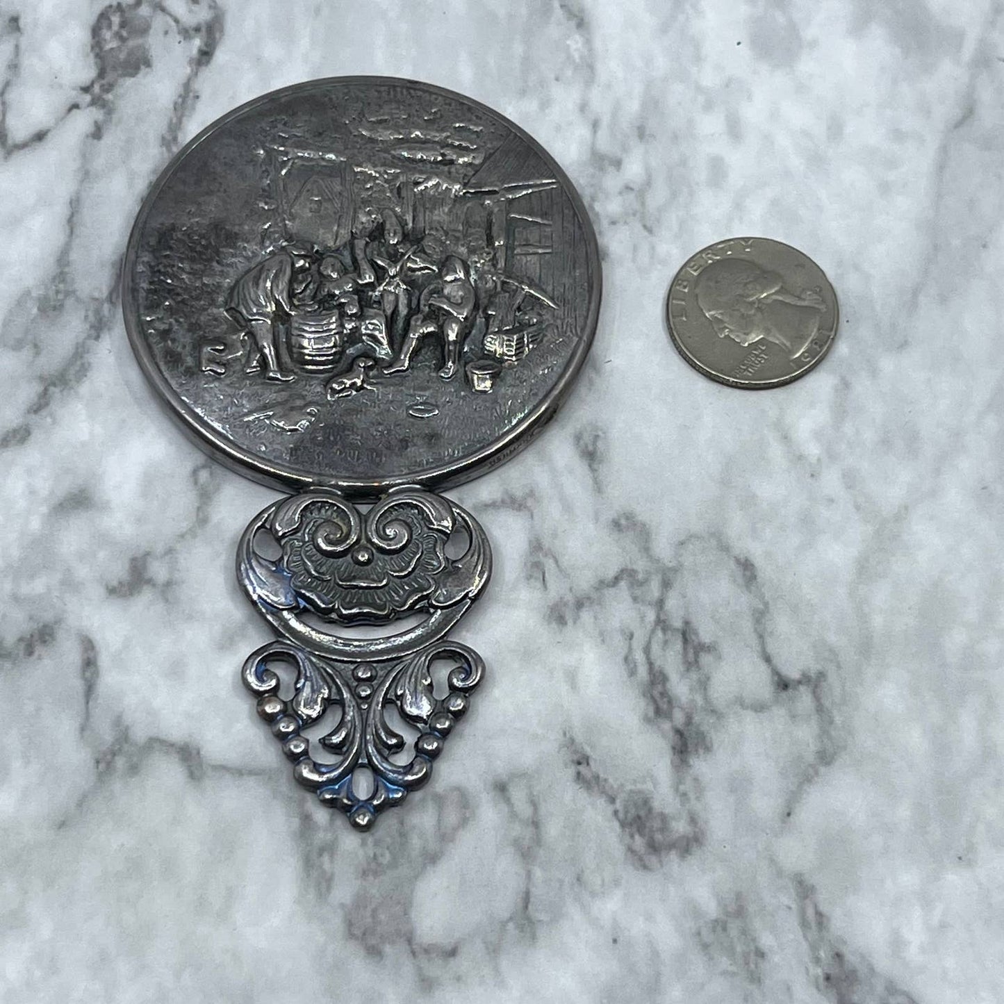 Denmark Hans Jensen Silver-Plate Repousse Beveled Hand Vanity Purse Mirror SE9