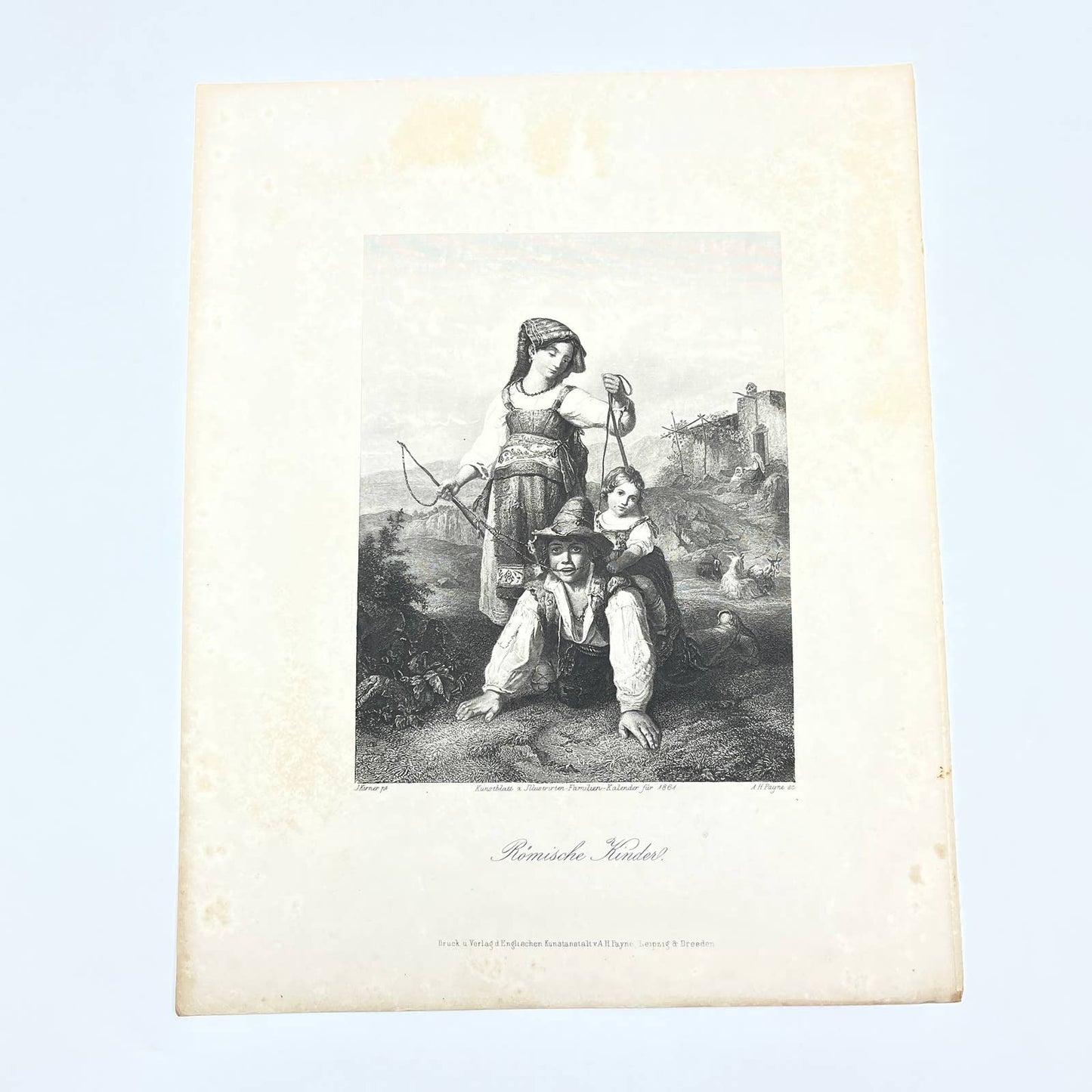 1864 Original Steel Art Engraving - Roman Children J. Kurner 8.5x11" AC3