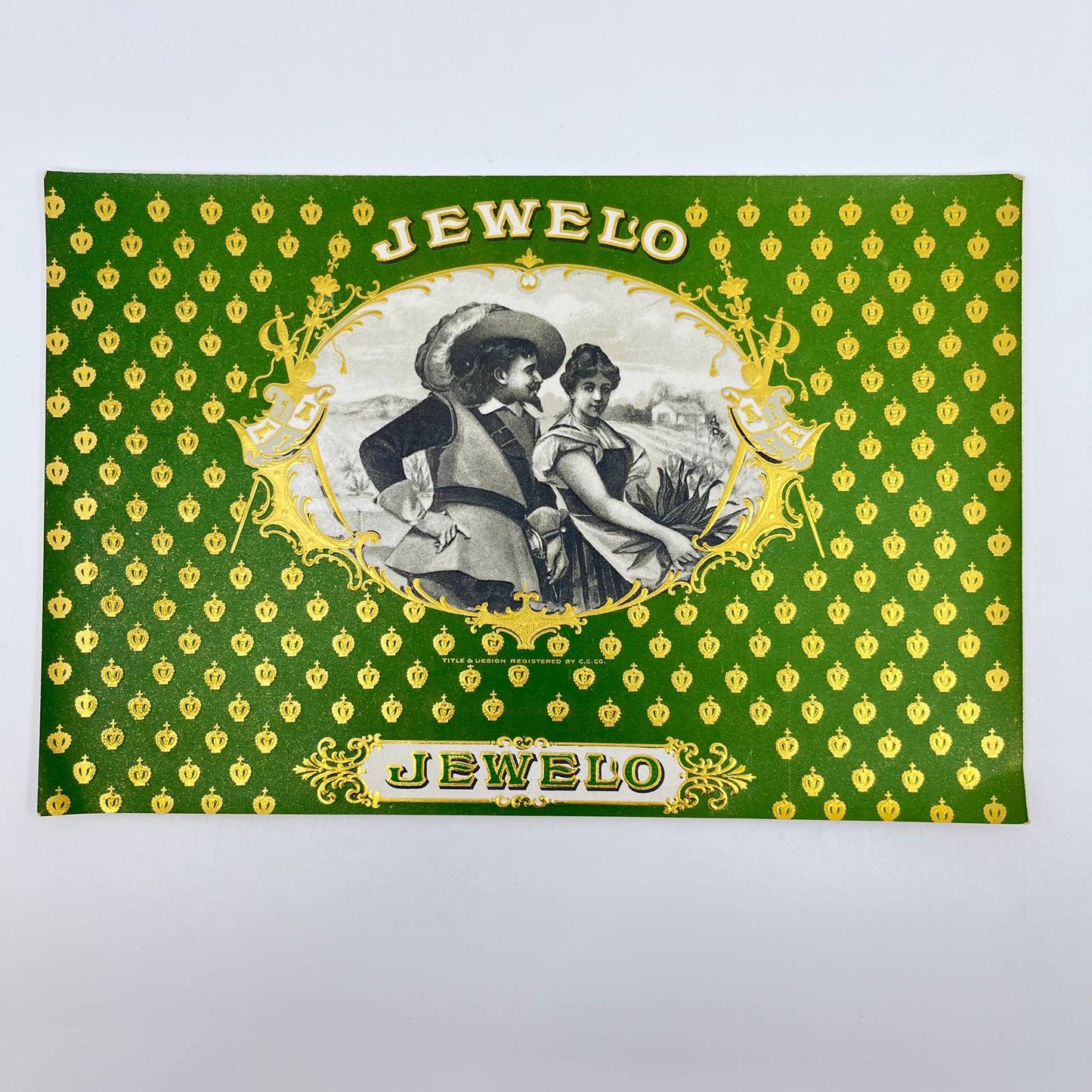 Original cigar box label c1910 Chromolithograph Jewelo Green Gold Embossed AA8