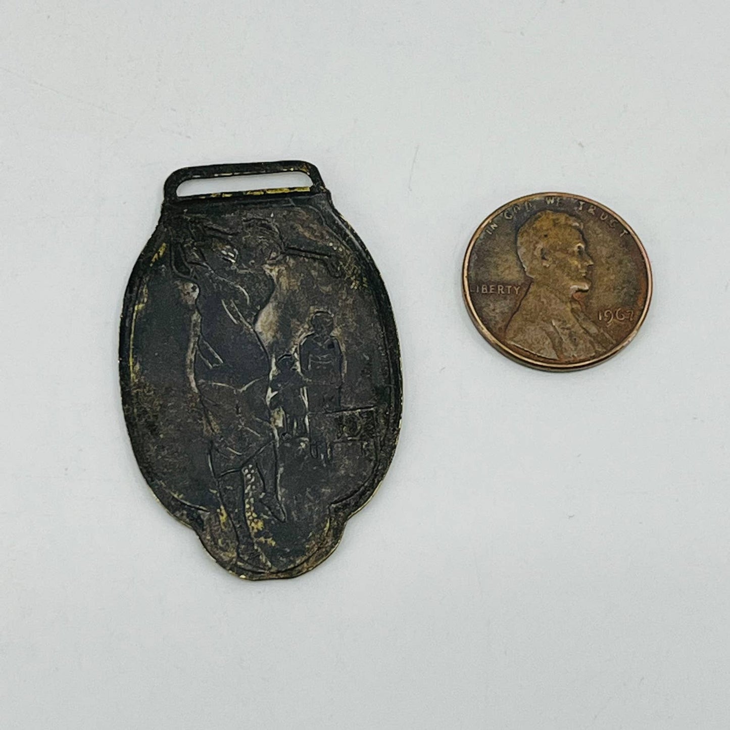Antique Woman Golfing Metal Brass Golf Bag Tag Medallion Embossed SC3