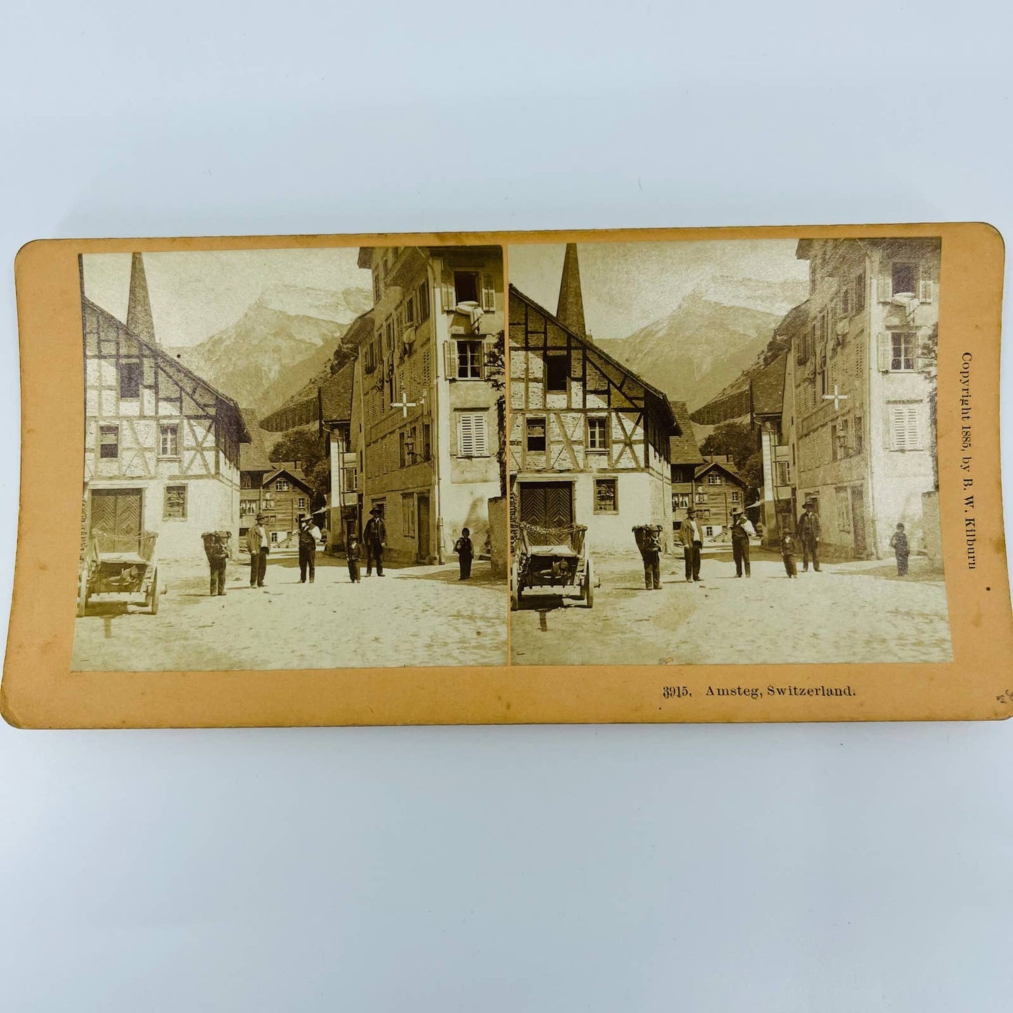 1885 Stereoview Street View Amsteg Switzerland Men with Cart Chalets Swiss Alps