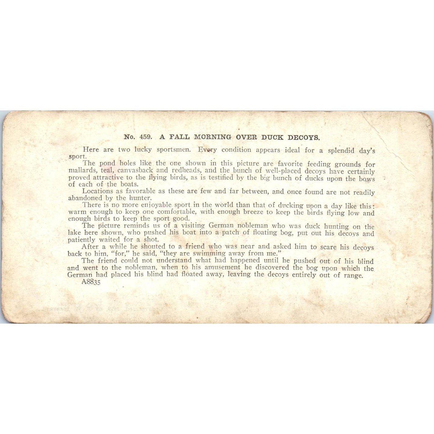 Victorian Duck Hunting "Morning Over Duck Decoys" Antique Stereoview Card TJ1-C1