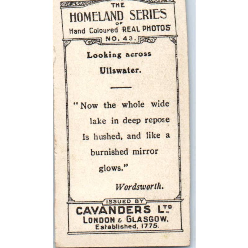 1924 Cavanders Cigarette Card Homeland Series #43 Looking Across Ullswater SE5