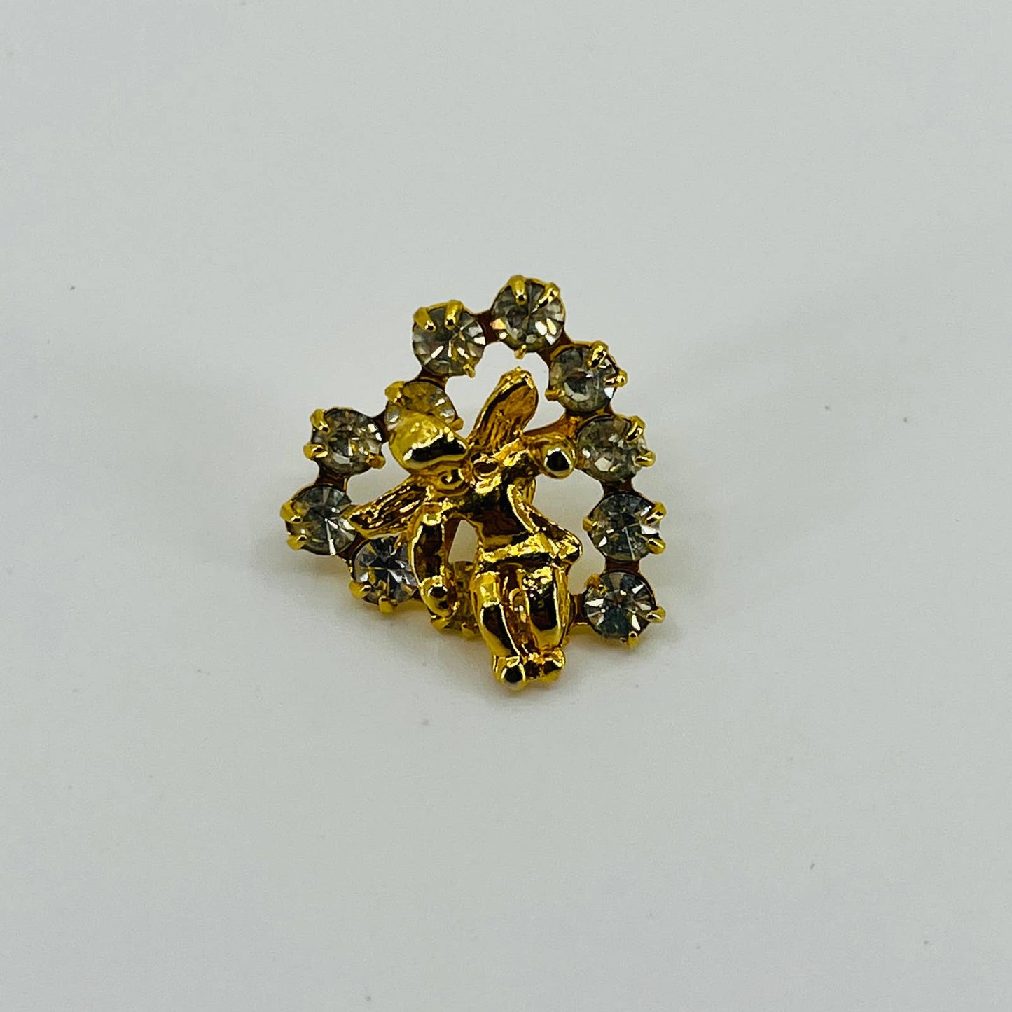 Vintage Cherub Heart Rhinestone Gold Tone Brooch SB2
