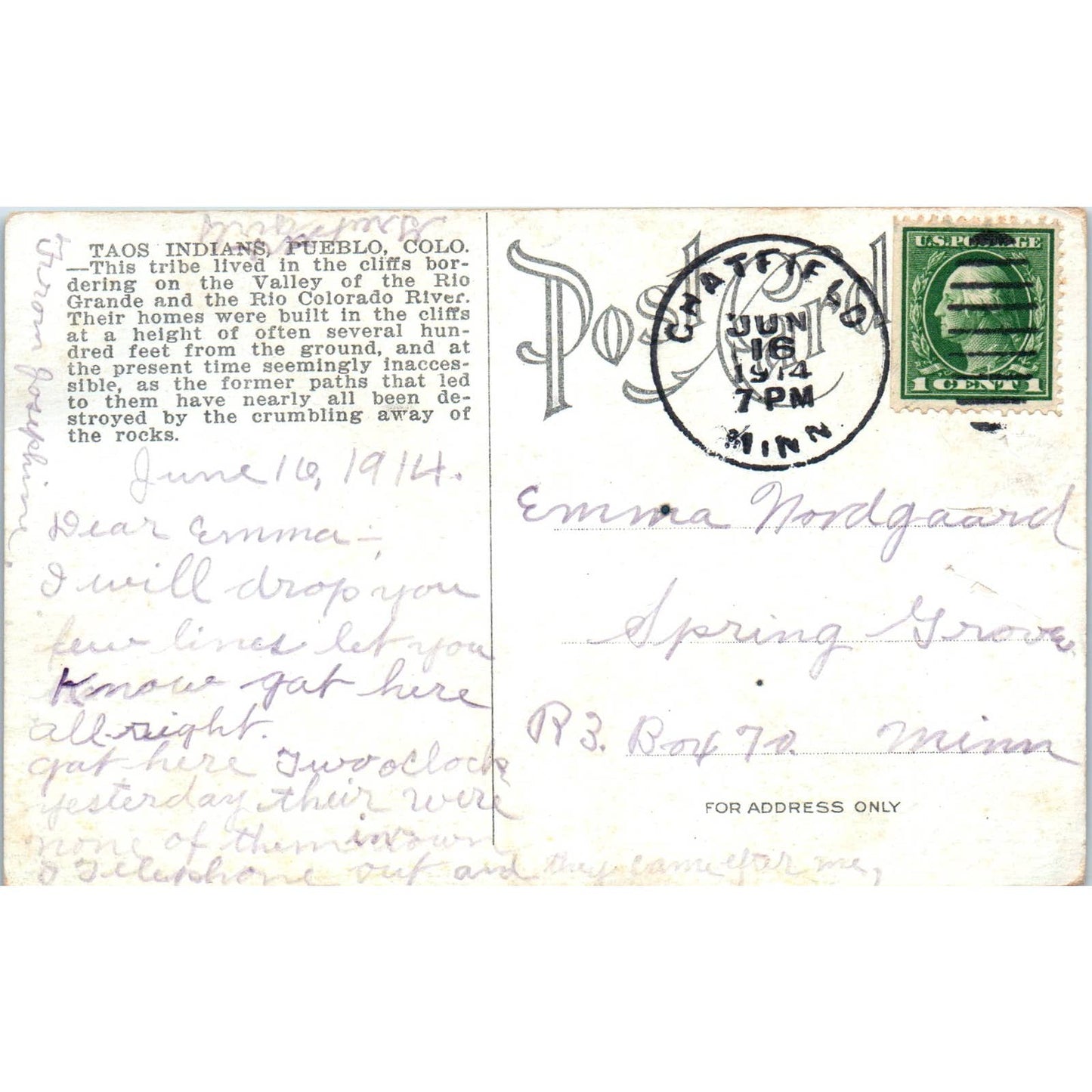 Taos Indians Cliff Dwellers Pueblo 1914 Colorado Original Postcard TK1-29