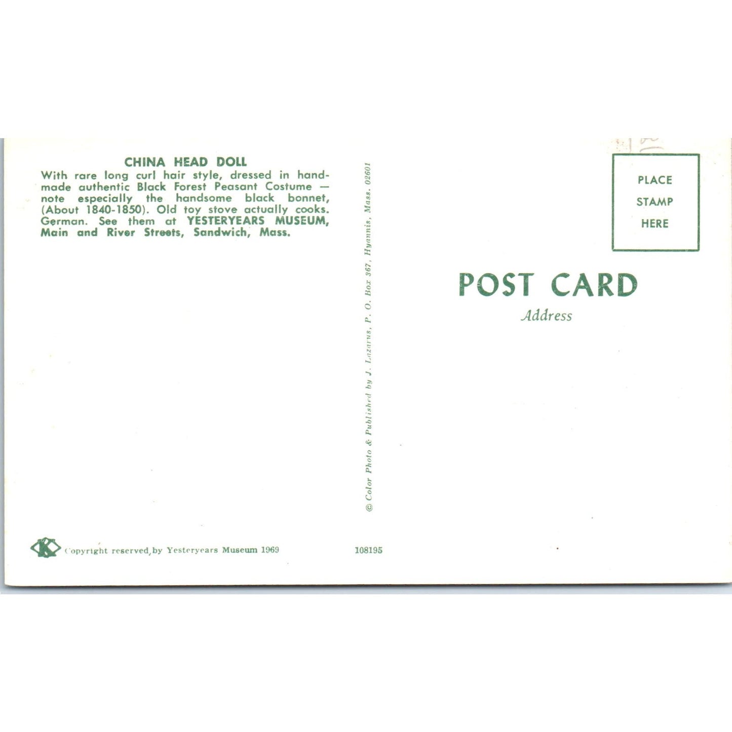 China Head Doll Yesteryears Museum Sandwich MA Original Postcard PB8