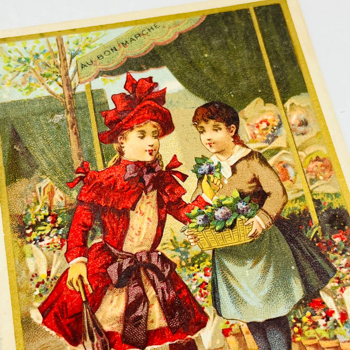 Victorian 1800s French Advertising Trade Card Au Bon Marché La Bouquetiére AA2
