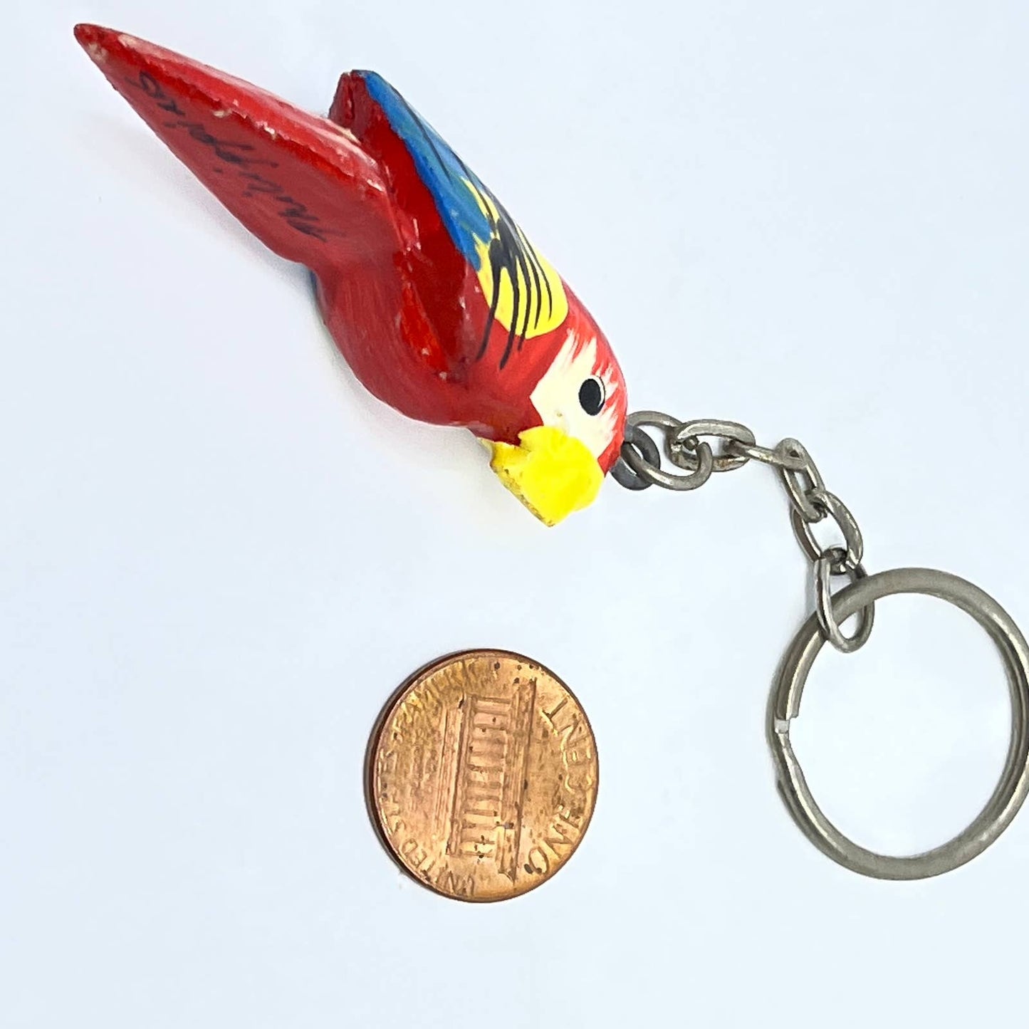 Vintage Key Chain Wooden Hand Carved Painted Parrot Philippines Keychain SD5