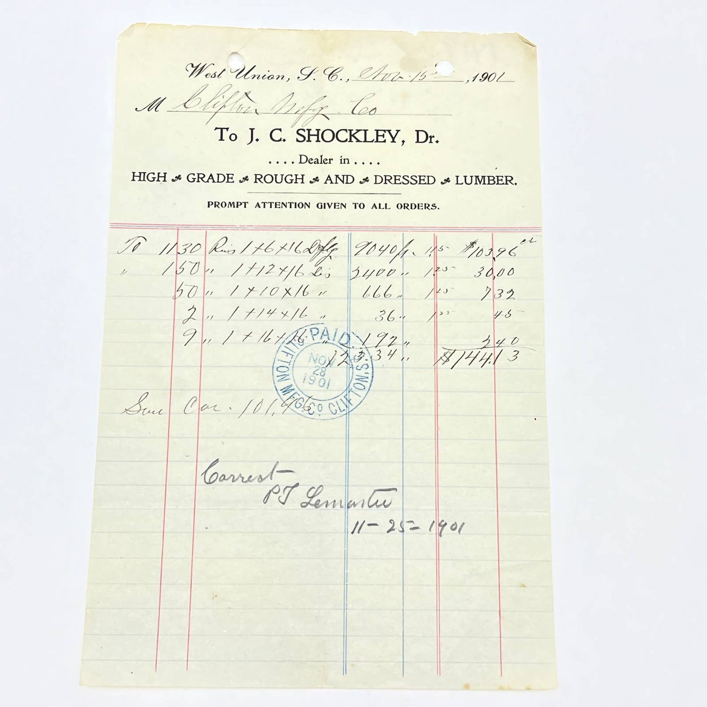 1901 Dr. J.C. Shockley Lumber Dealer Letterhead West Union SC AB9