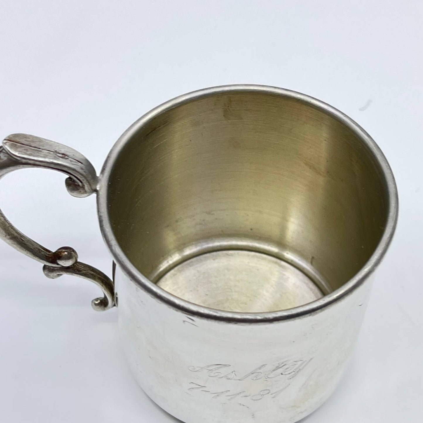 Vintage Eastern Pewter Cup Mug Monogrammed “Ashley” 7-11-81 TF5
