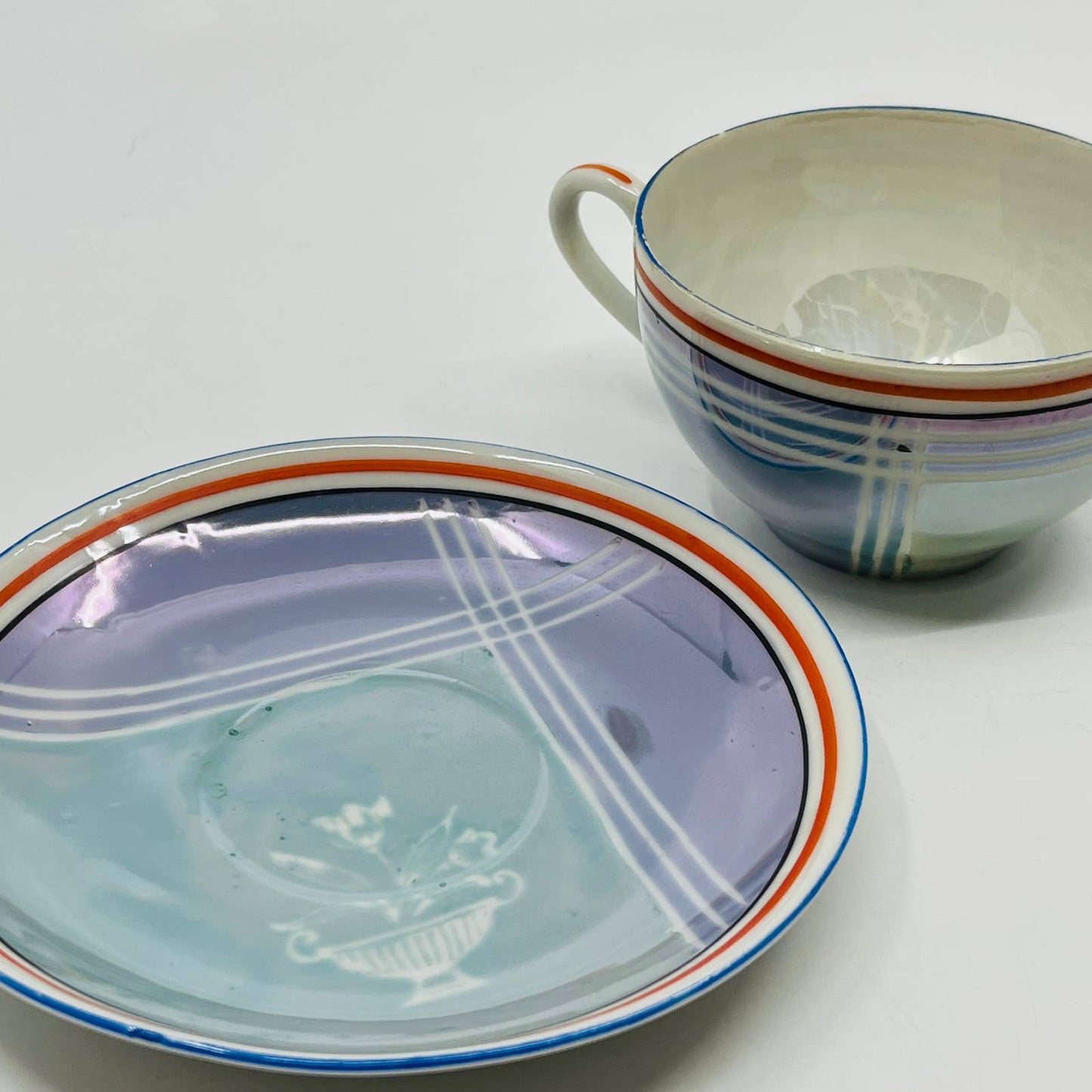 Vtg RARE Japanese Iridescent Opal Lusterware Blue Stripe Cup and Saucer Set TC2
