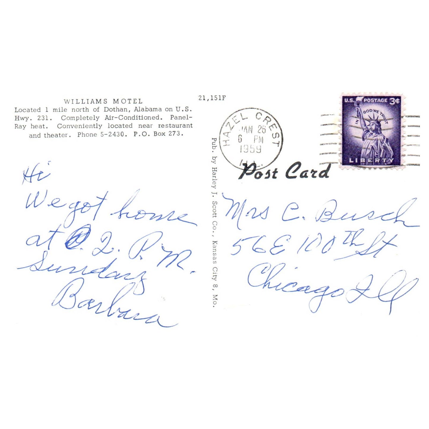 Williams Motel Dothan Alabama - Postcard TJ8-1