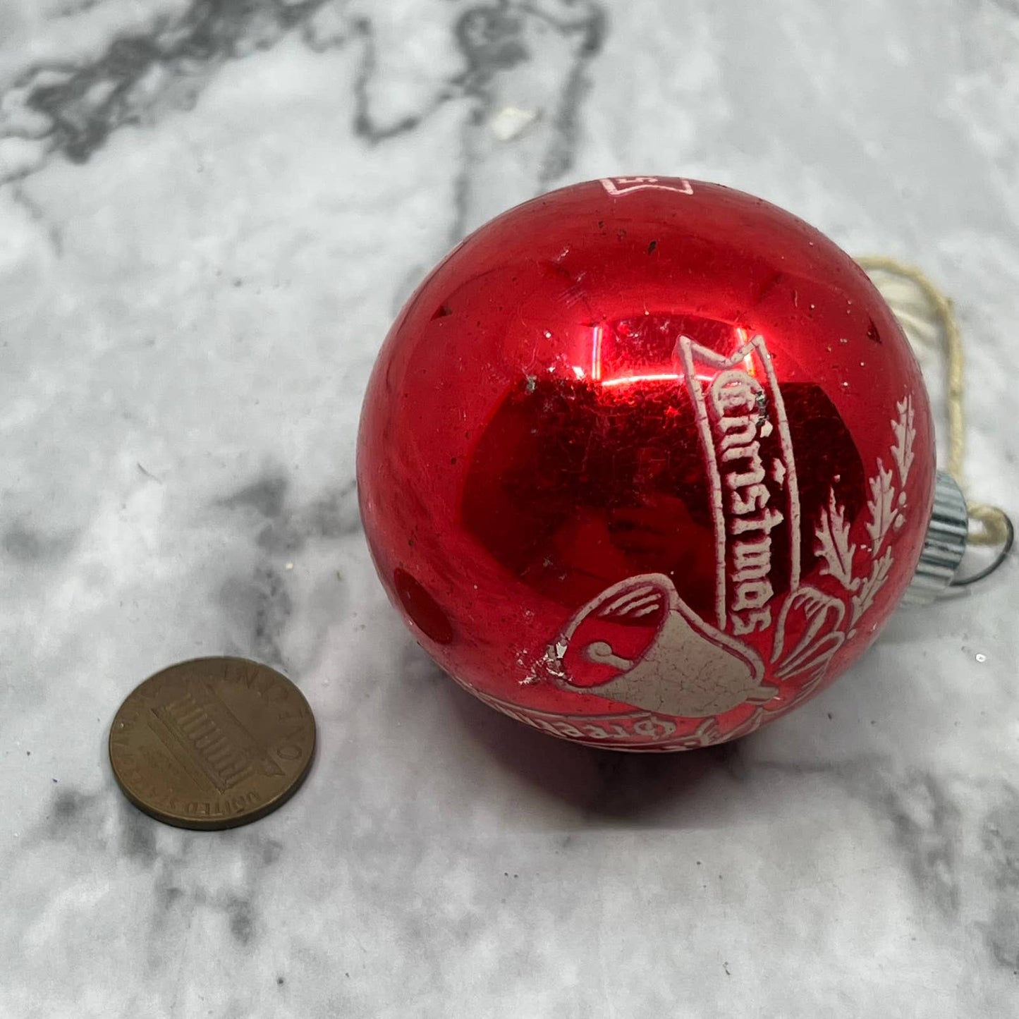 Vtg Mini Shiny Brite Glass Red "Christmas Greetings" Stencil Ornament 1.75" OT1