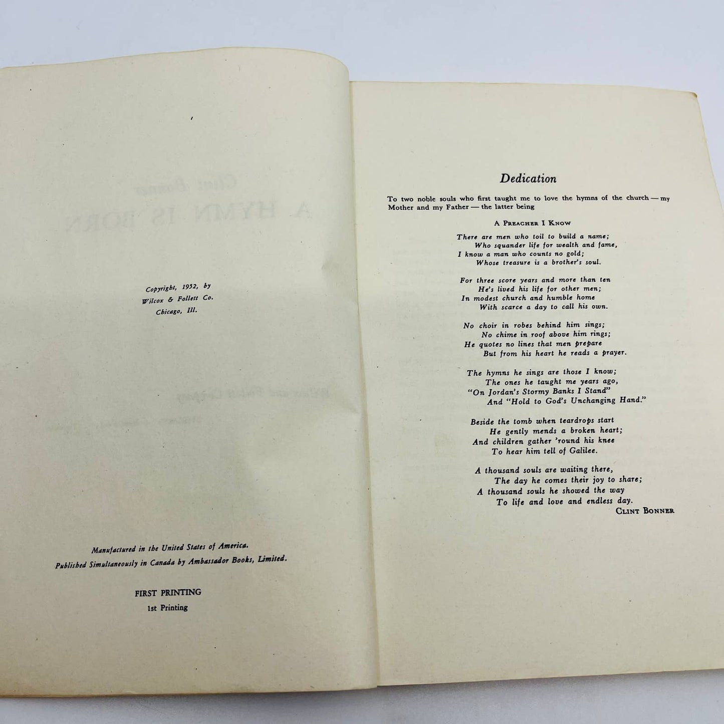 1952 A Hymn is Born Clint Bonner Hymnal First Printing TD7