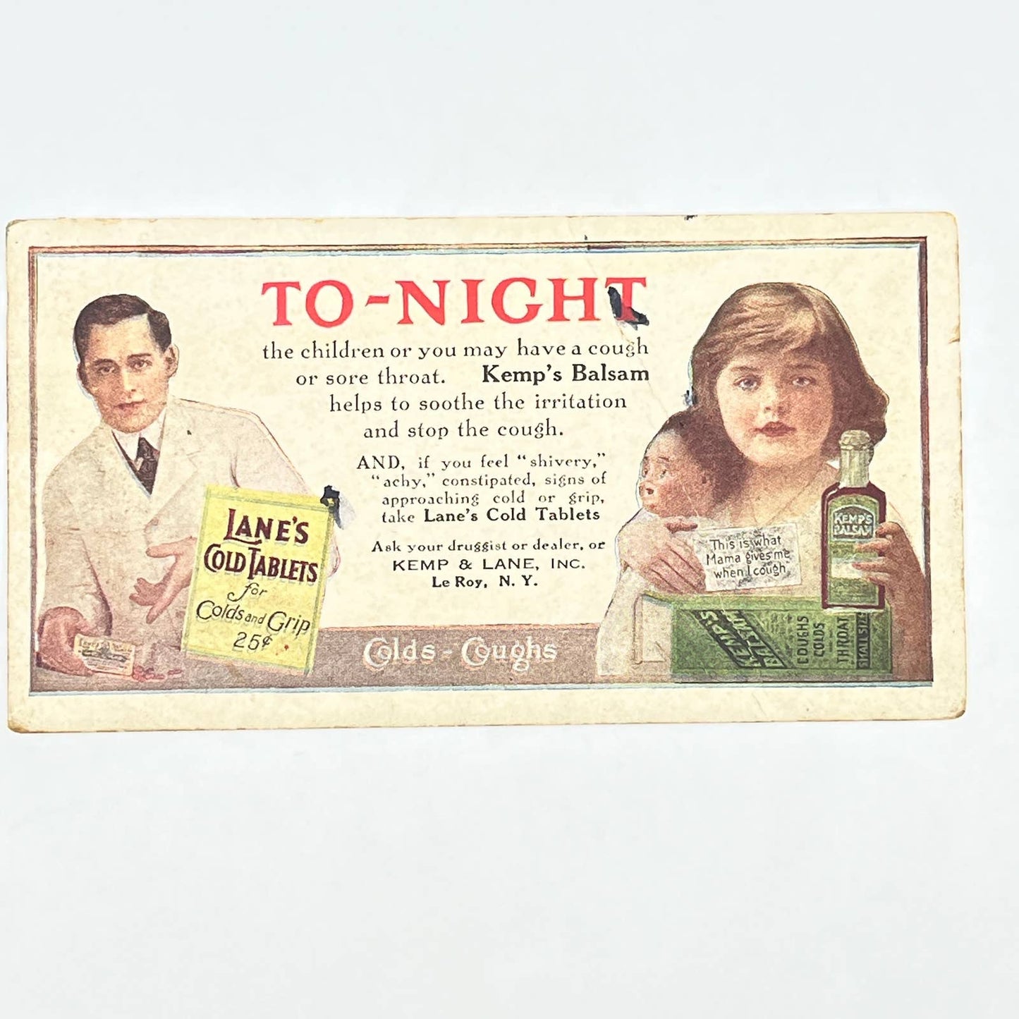1920s Blotter Card Kemp's Balsam Cough & Cold Medicine Kemp & Lane LeRoy NY AC2