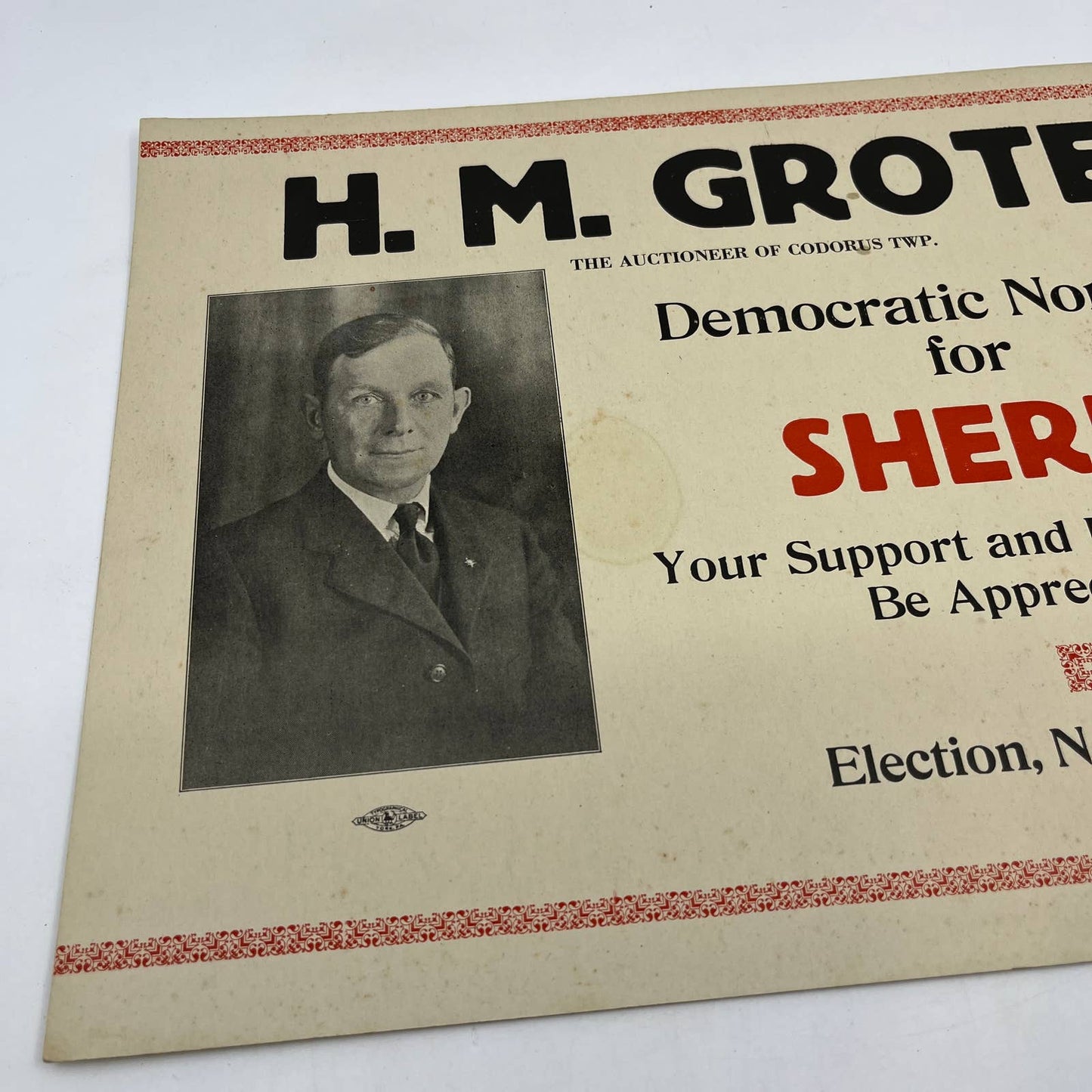 1927 Political Poster H.M. Grote For Sheriff Codorus Twp York County PA FL5