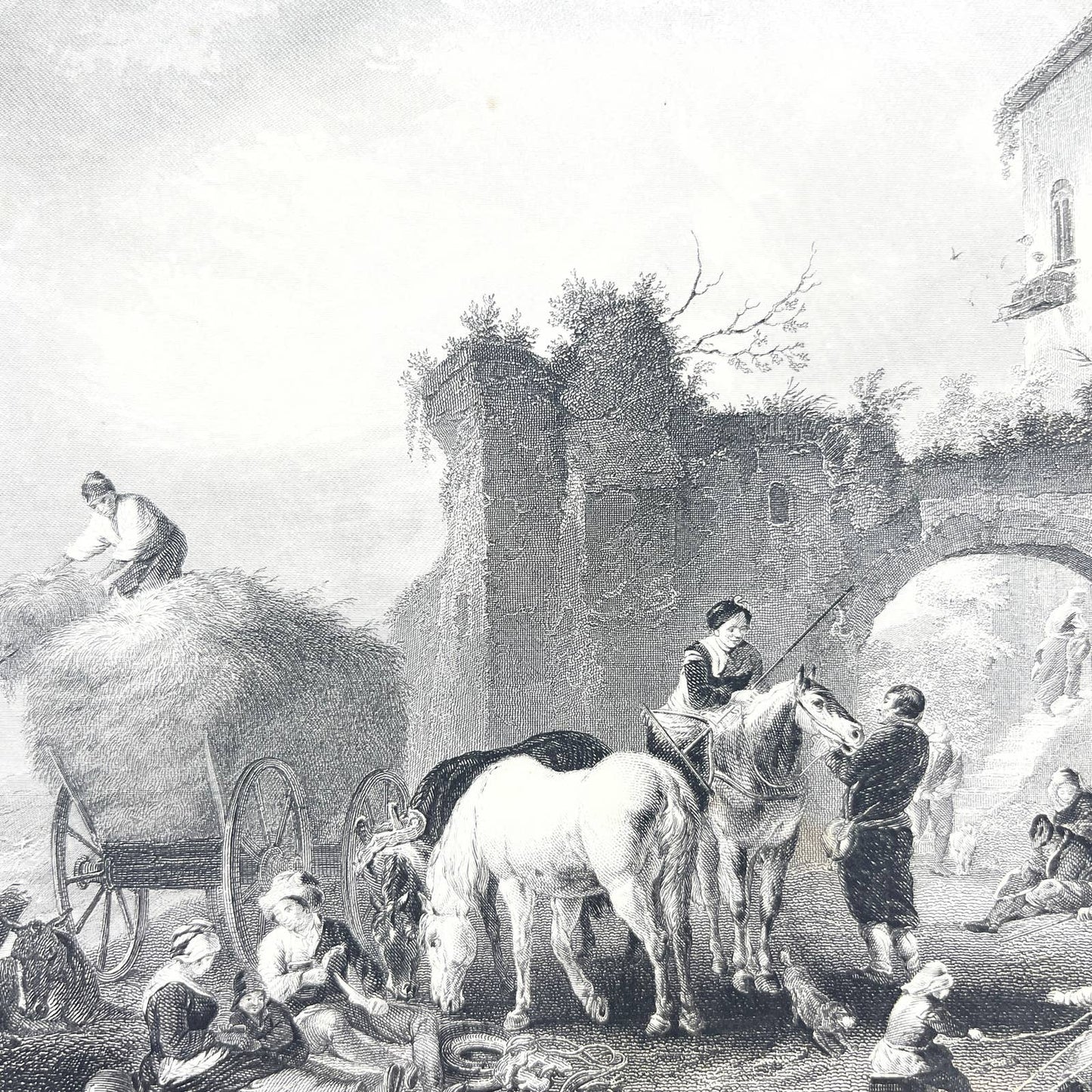 1864 Original Steel Art Engraving - Hay Harvest P. Wouvermann 8.5x11" AC3
