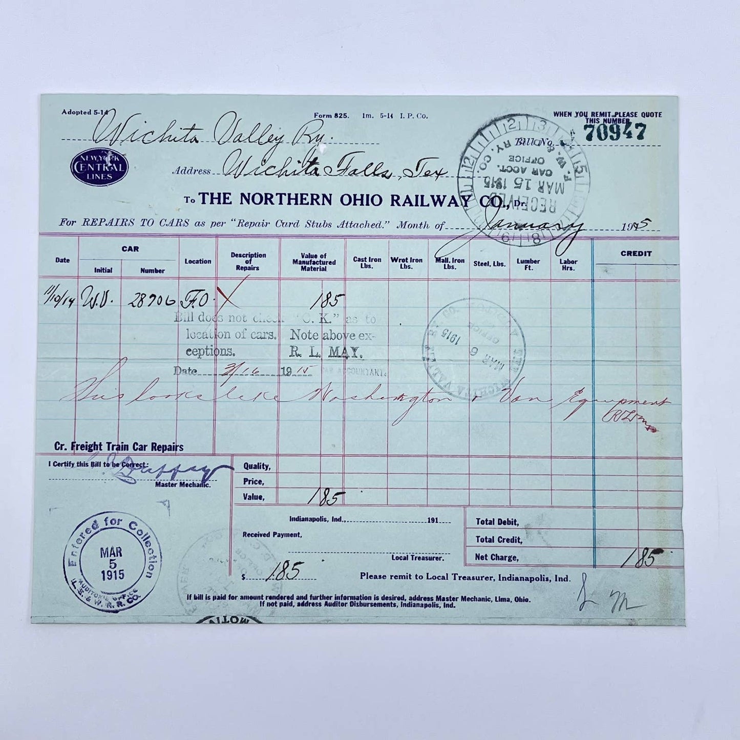 1915 New York Central Lines Northern Ohio Railway Co. Repair Form Stamped AB5