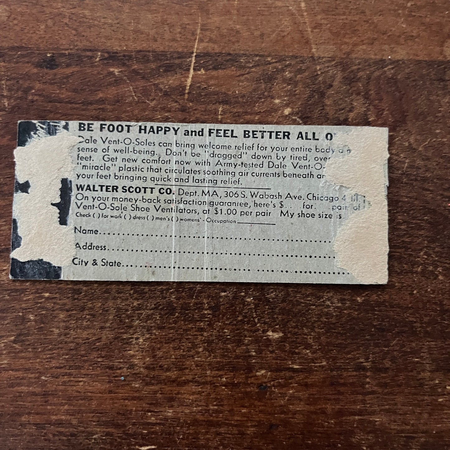 Dale Vent-O-Soles For Sore Feet Advertising Matchbook Cover MM11-8