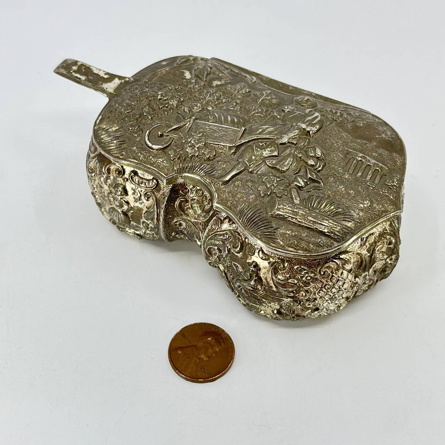 Unique Violin Shaped Metal Ornate Trinket Box Dutch Scenes VINTAGE JAPAN 5” TE7