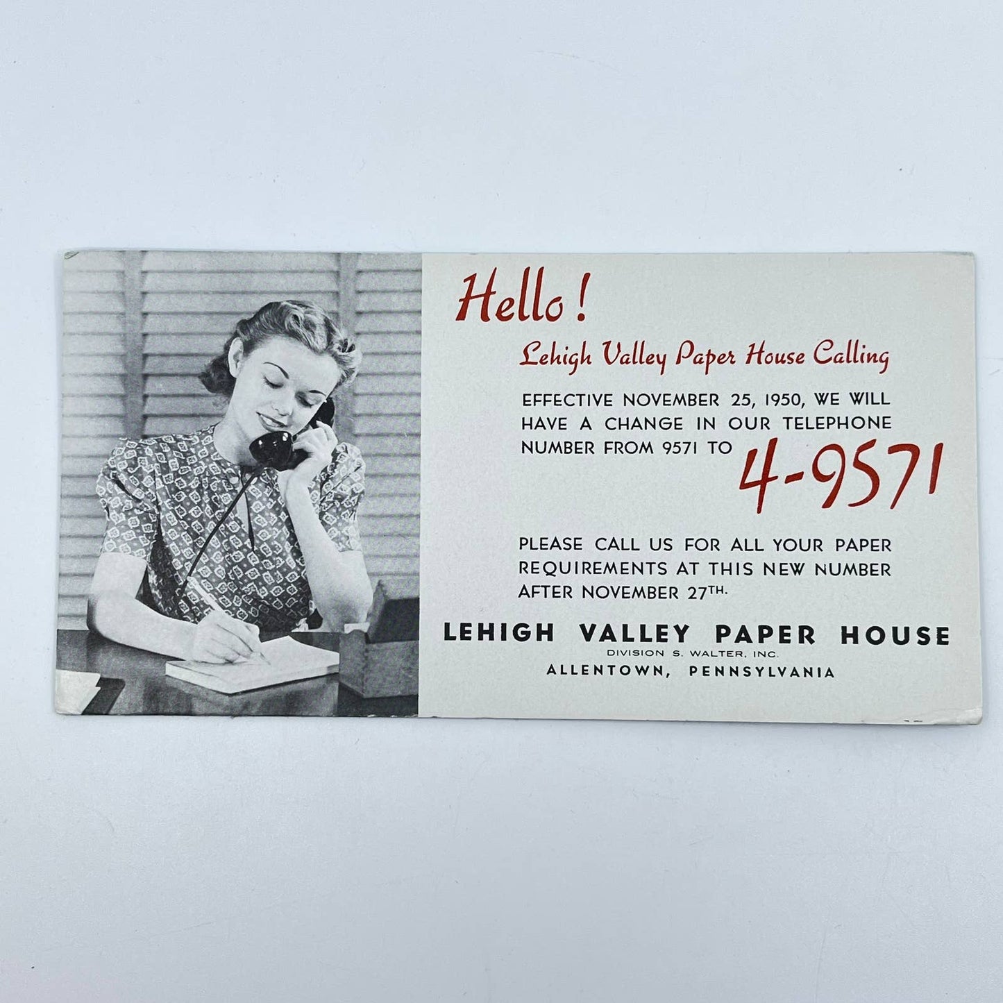 1950 Blotter Card Lehigh Valley Paper House Allentown PA SC9