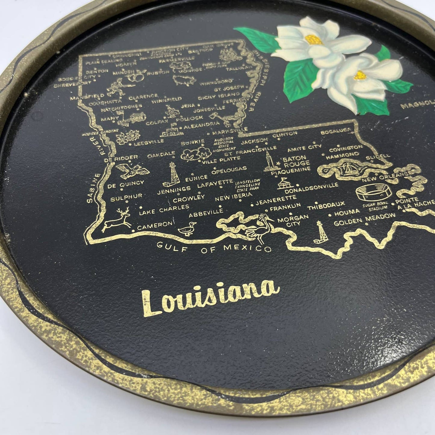 Vintage Black & Gold Metal State Souvenir Plate Tray Louisiana 11” TH2