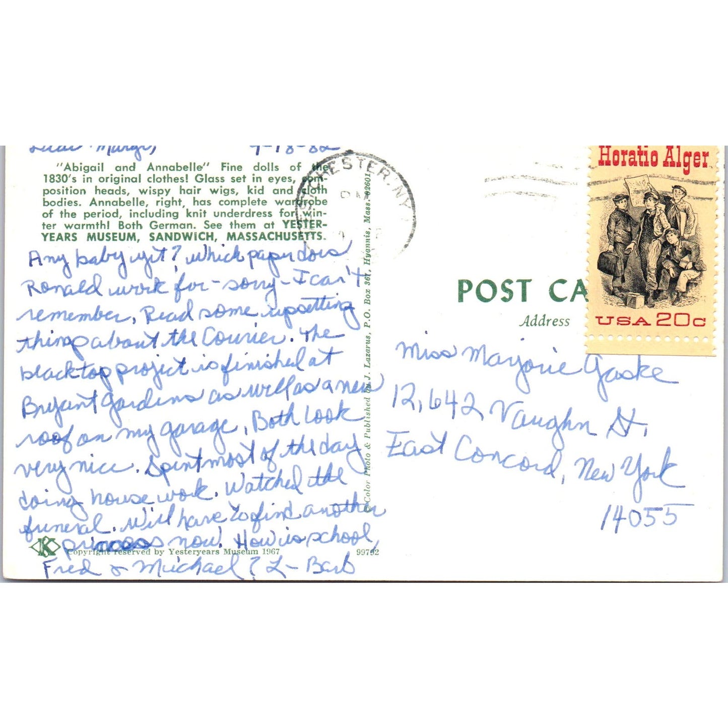 Abigale & Annabelle Dolls Yesteryears Museum Sandwich MA Original Postcard PB6