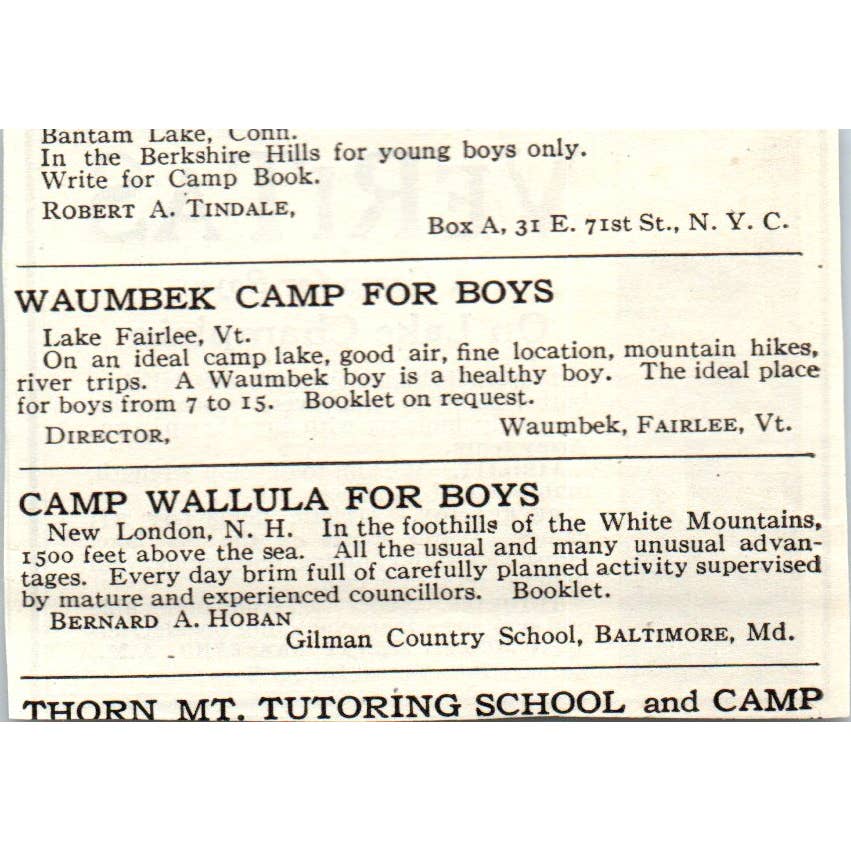 c1920 Harper's Ad - Veritas Camp for Boys Lake Champlain Jos. Henry Sasserno EA3
