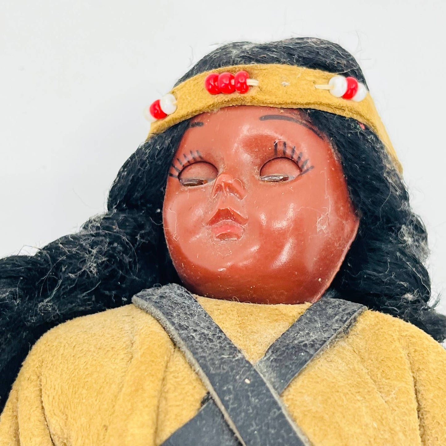 Vintage Native American Indian Girl Doll Brown Leather Skirt 7” TB5
