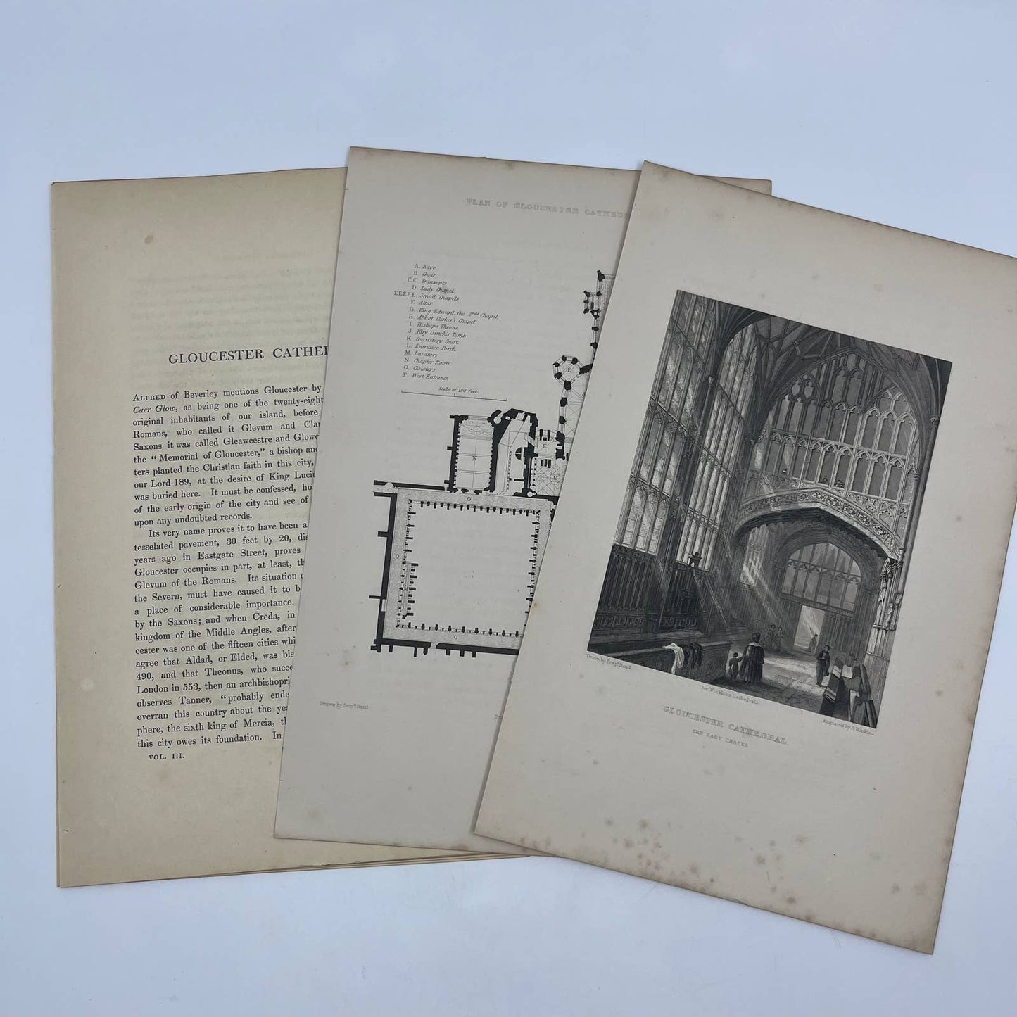 1842 Original Art Engraving Gloucester Cathedral, Floor Plan and Bio TG6