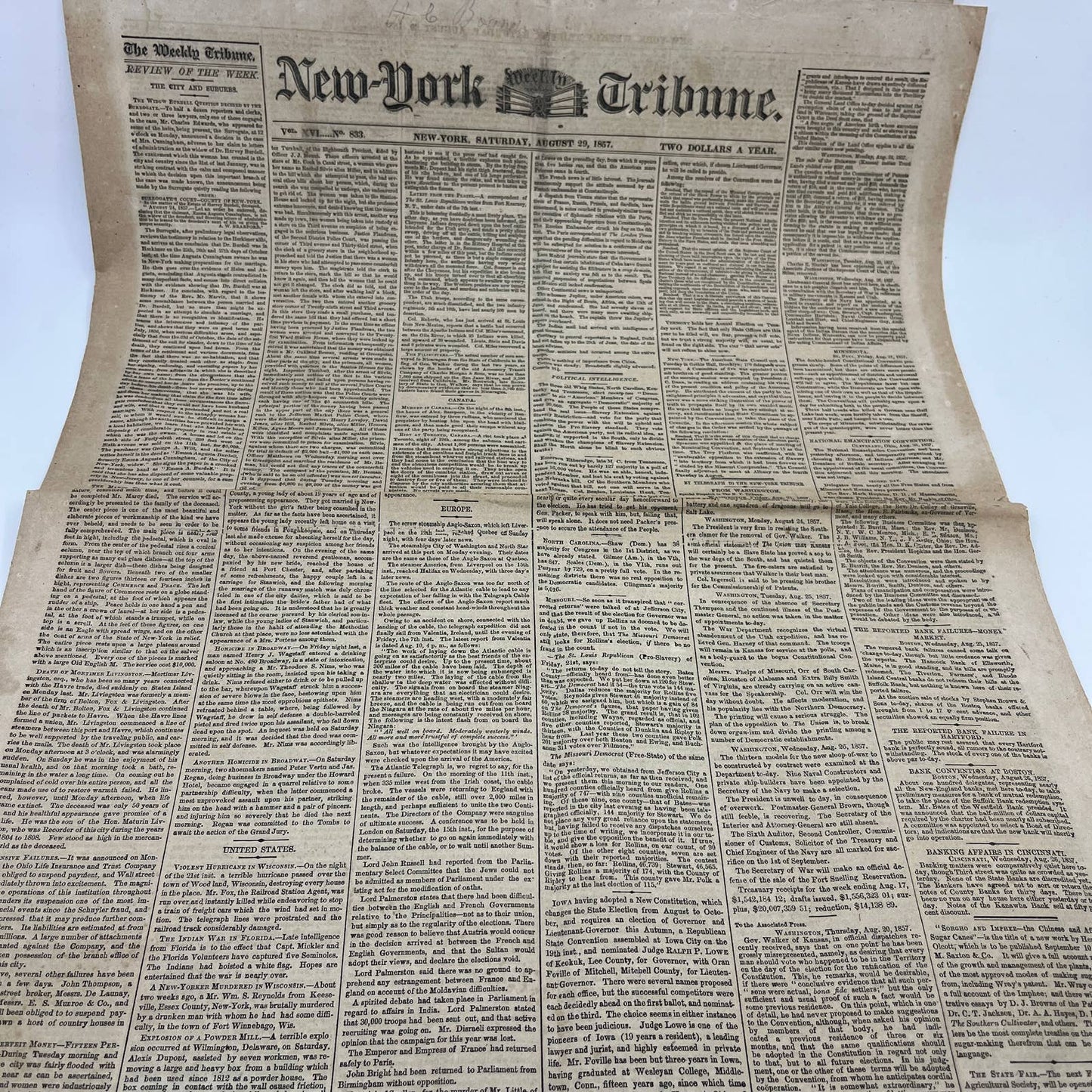 1857 Aug 29 Original New York Tribune - Whig State Slavery Vote FL4